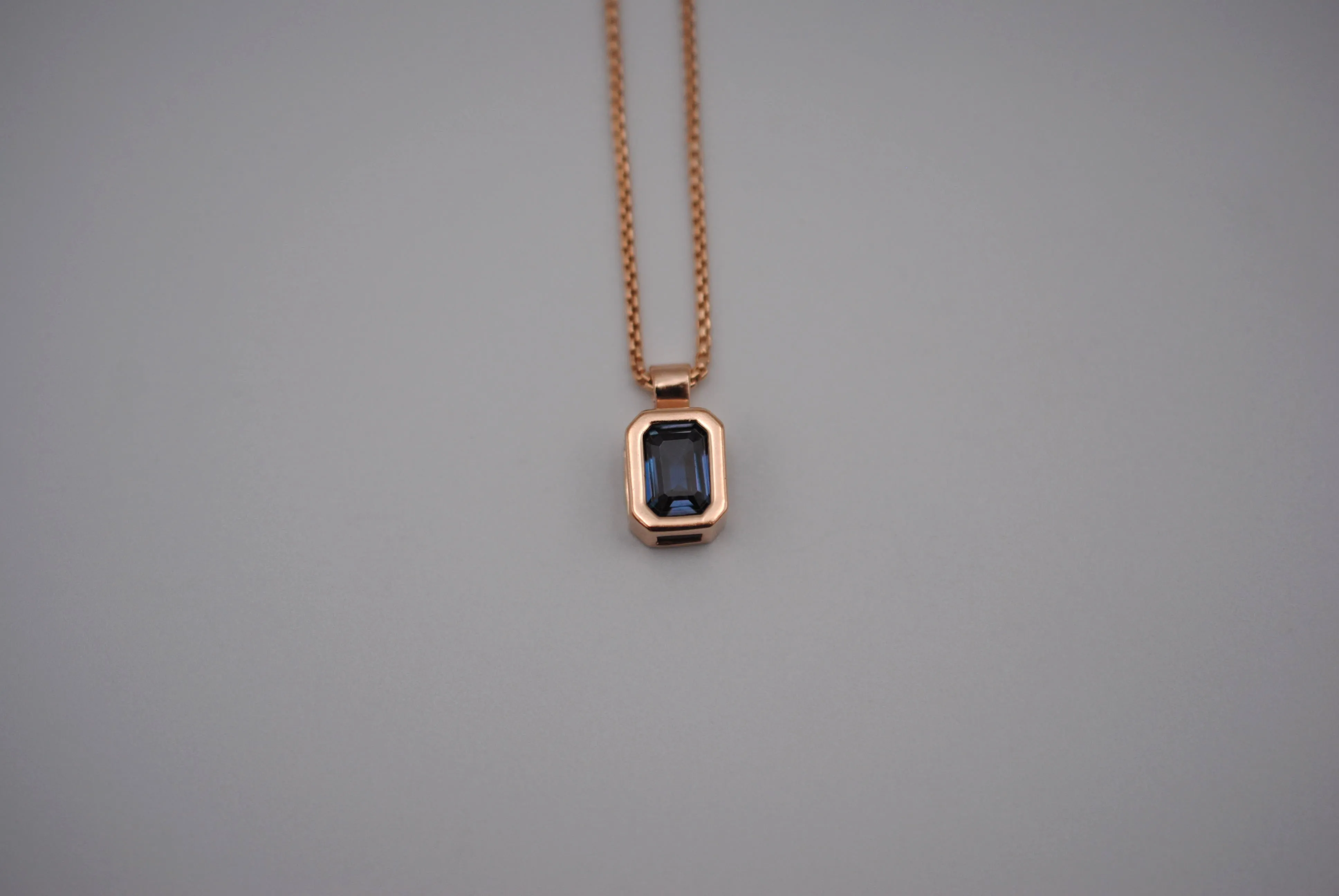 Alexandrite Necklace: Emerald Cut, Rose Gold Half Bezel, Rounded Box Chain