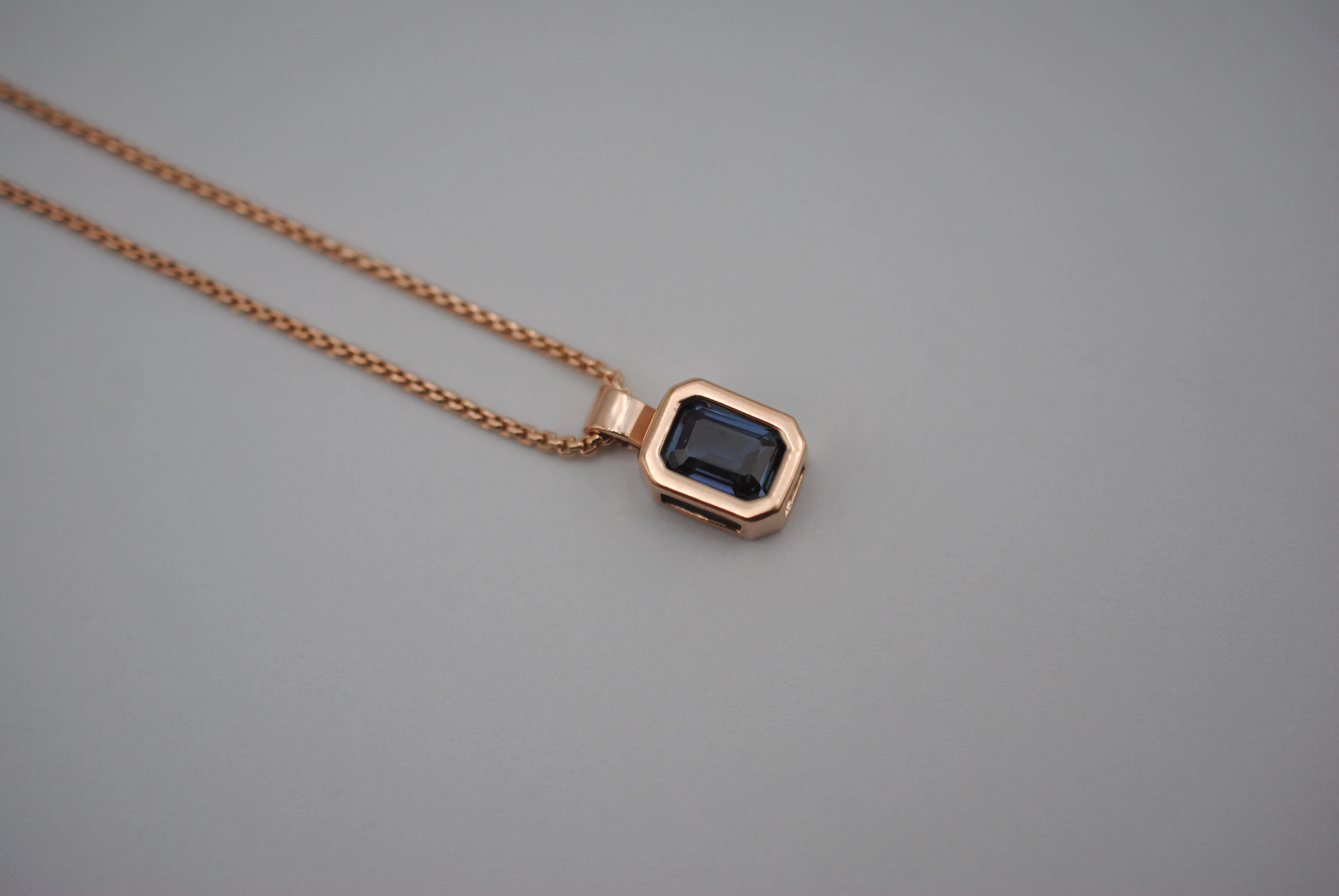 Alexandrite Necklace: Emerald Cut, Rose Gold Half Bezel, Rounded Box Chain