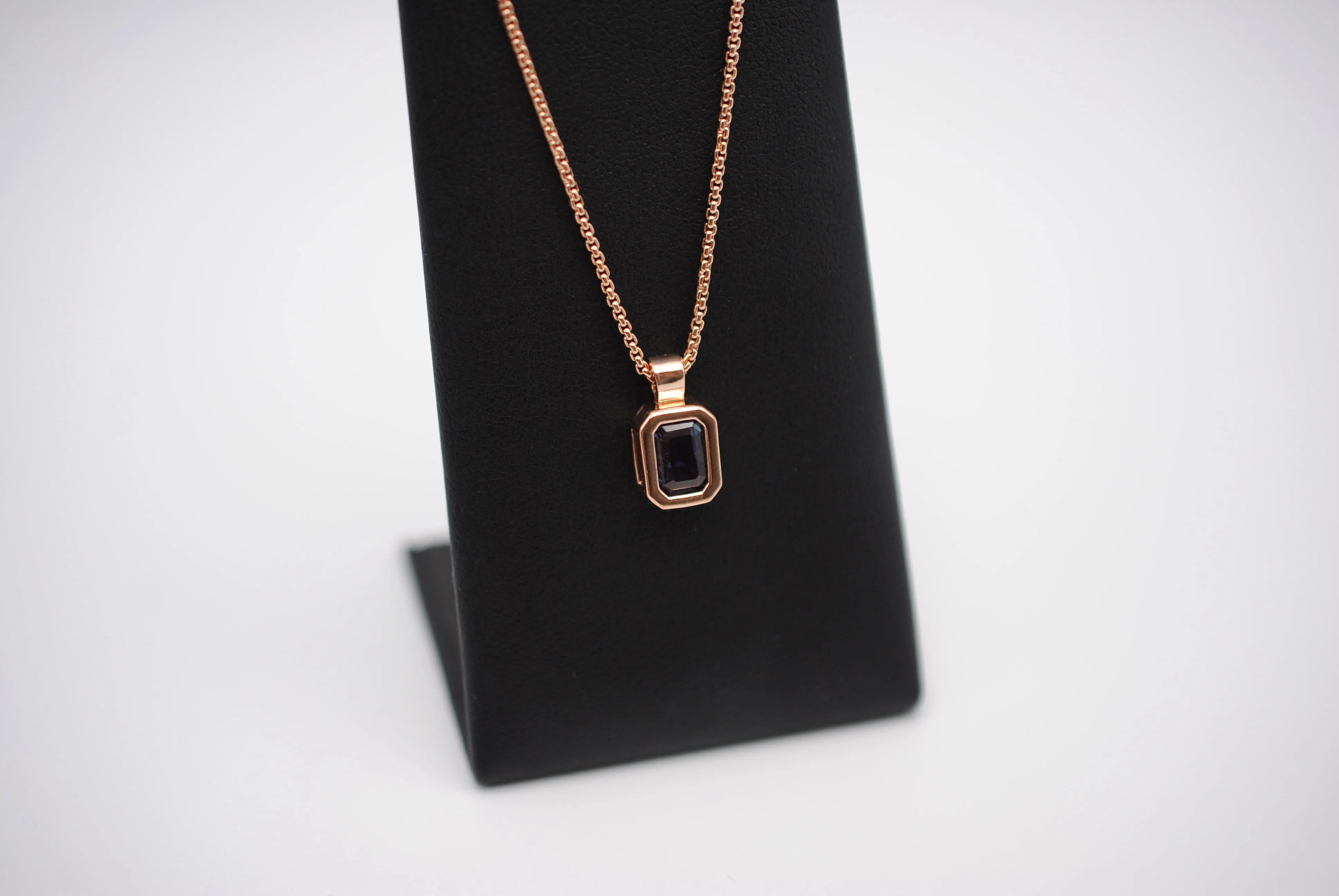 Alexandrite Necklace: Emerald Cut, Rose Gold Half Bezel, Rounded Box Chain
