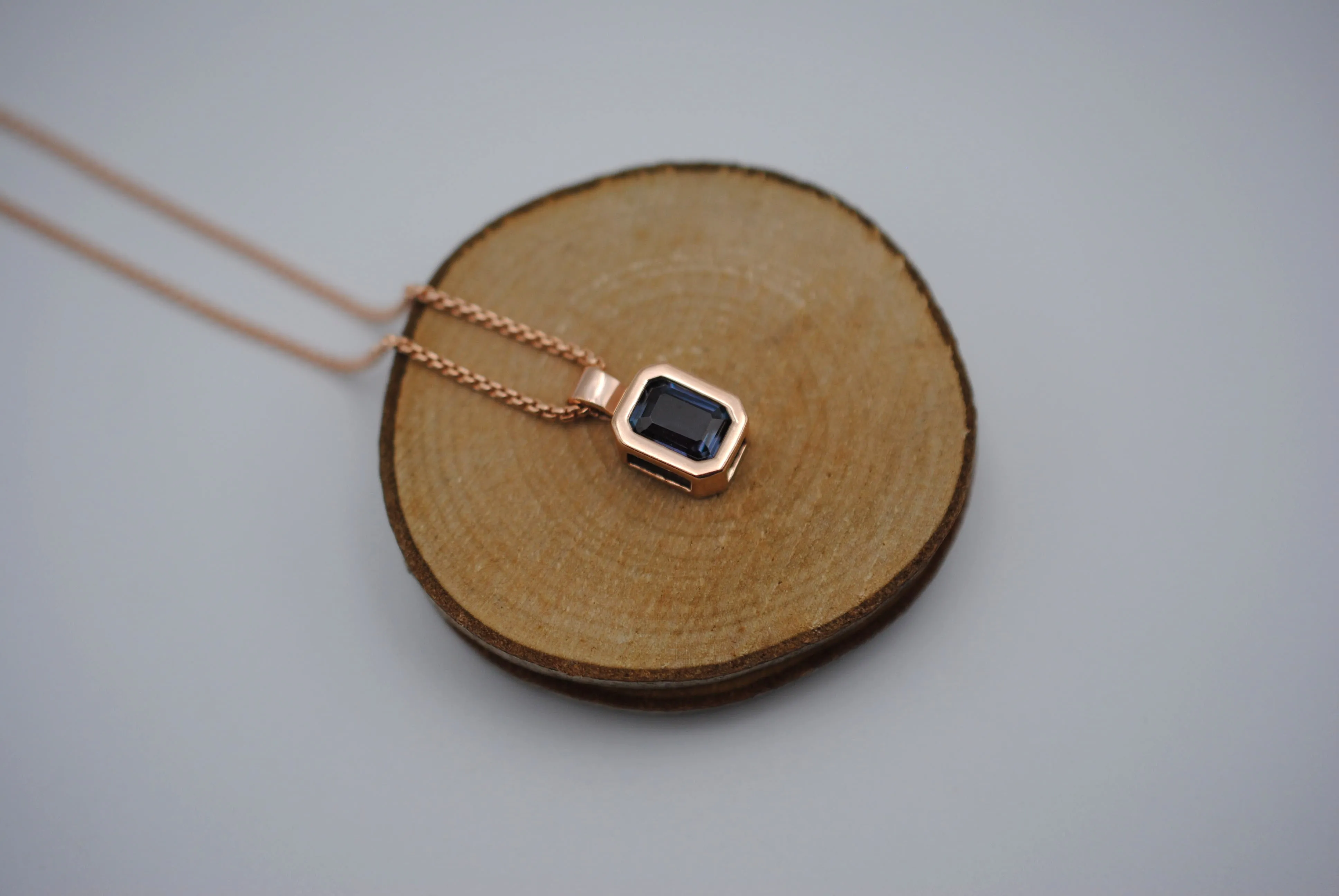 Alexandrite Necklace: Emerald Cut, Rose Gold Half Bezel, Rounded Box Chain