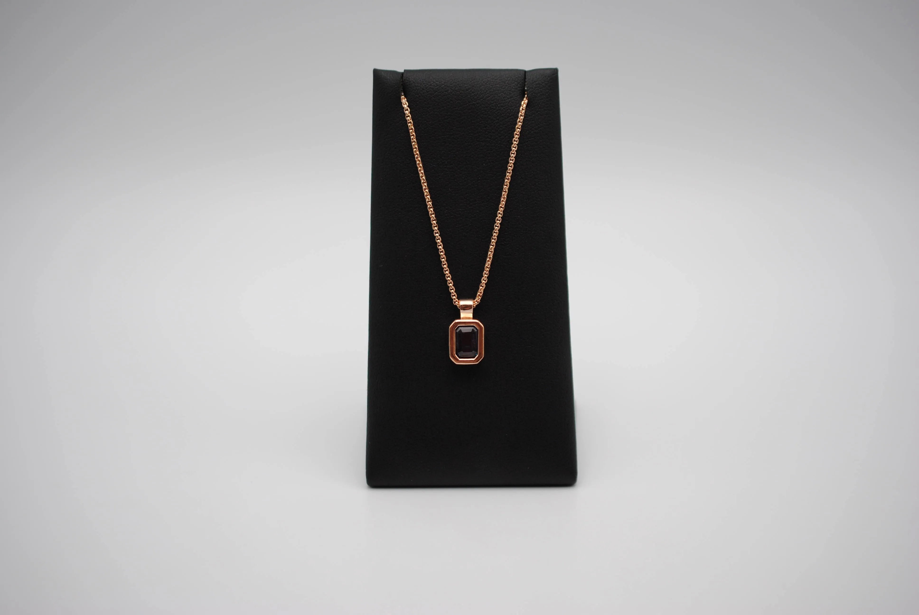 Alexandrite Necklace: Emerald Cut, Rose Gold Half Bezel, Rounded Box Chain