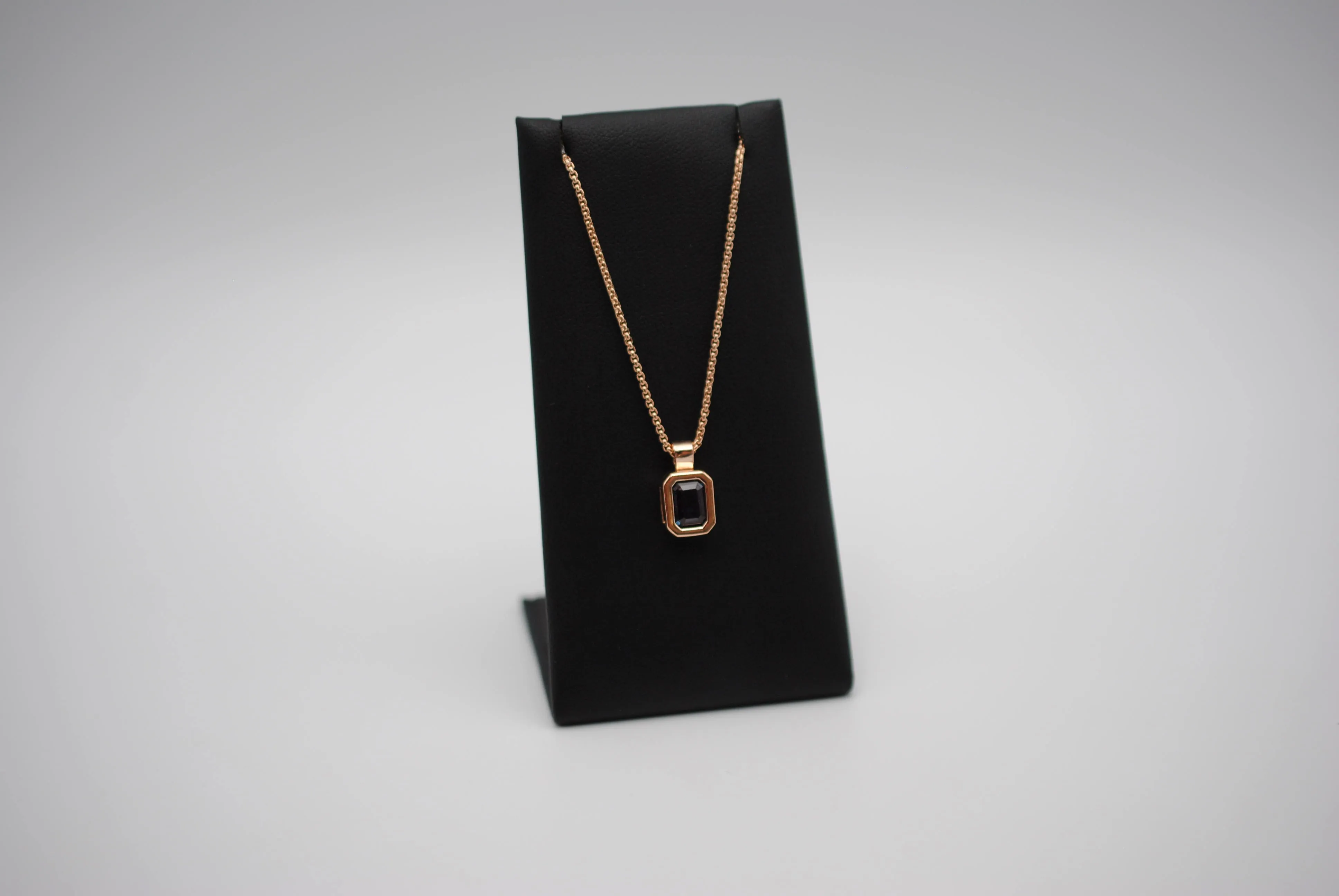 Alexandrite Necklace: Emerald Cut, Rose Gold Half Bezel, Rounded Box Chain