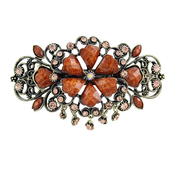 Antique Brass Finish Flower Barrette with Rhinestone Tassels