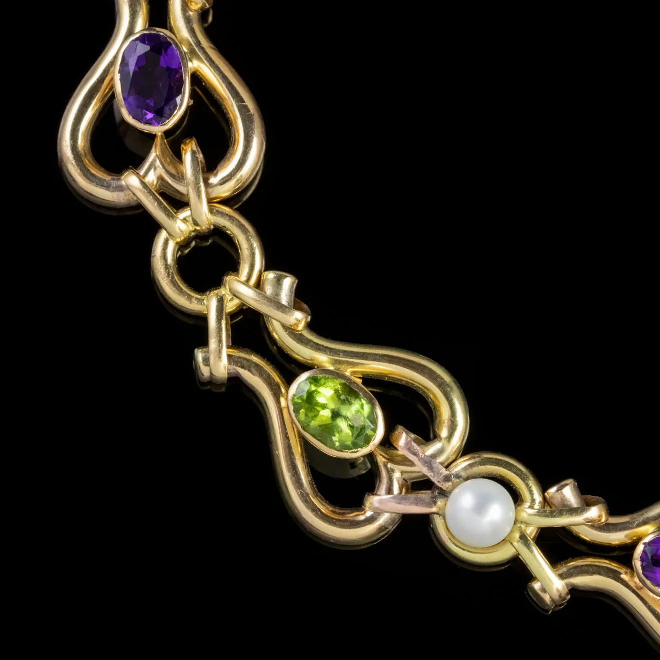 Antique Edwardian Suffragette 9Ct Gold Bracelet Peridot Pearl Amethyst Circa 1910