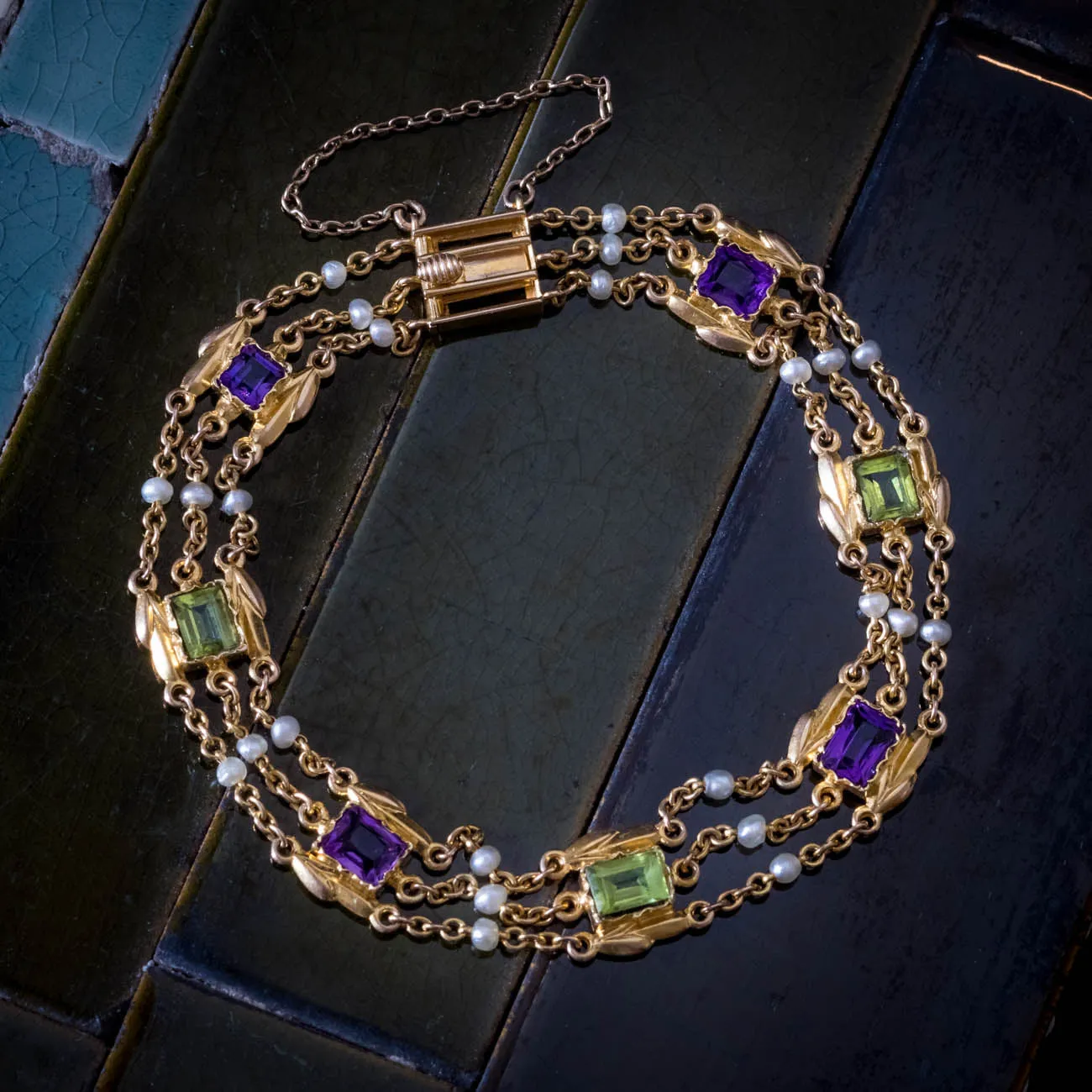 Antique Suffragette Bracelet Peridot Pearl Amethyst 15Ct Gold Circa 1918