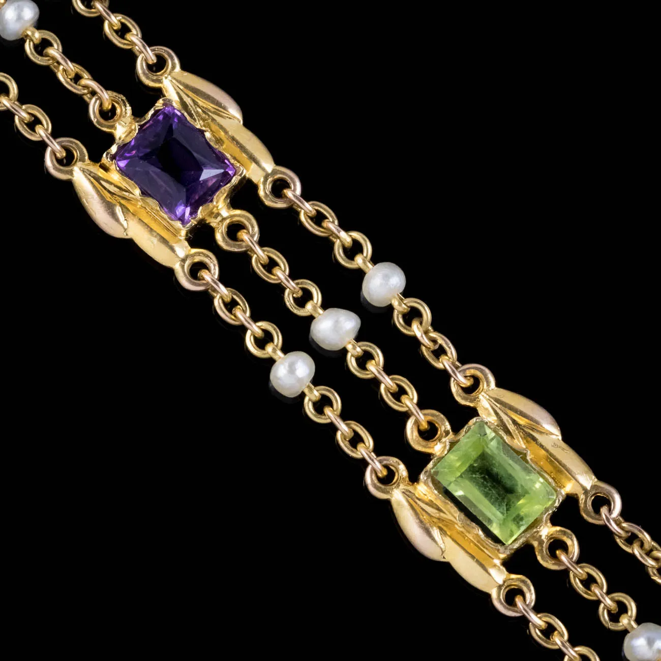 Antique Suffragette Bracelet Peridot Pearl Amethyst 15Ct Gold Circa 1918