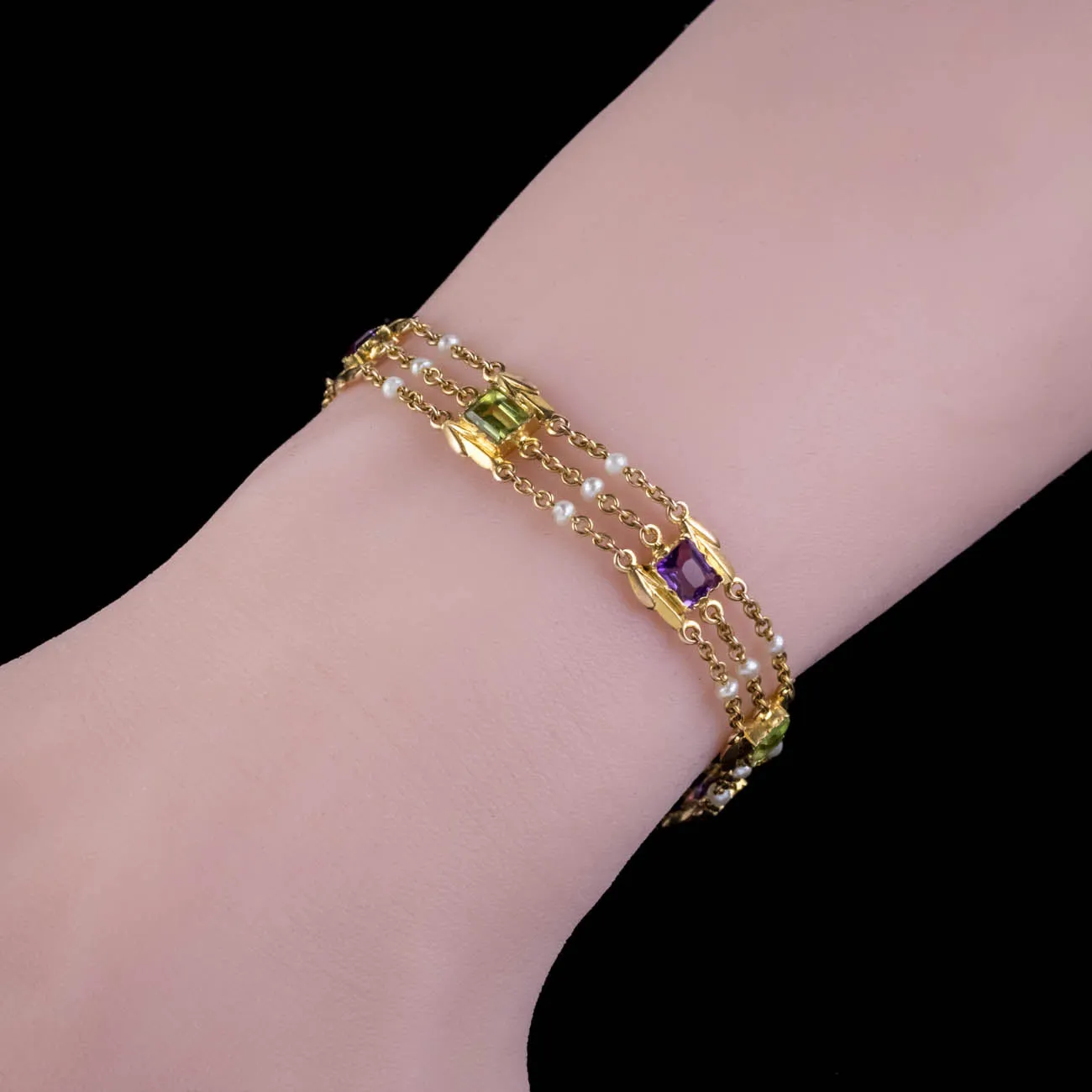 Antique Suffragette Bracelet Peridot Pearl Amethyst 15Ct Gold Circa 1918