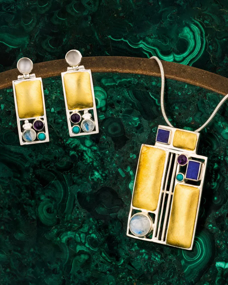 Art & Design Josef Hoffmann Vienna Earrings with Moonstone, Iolite & Turquoise