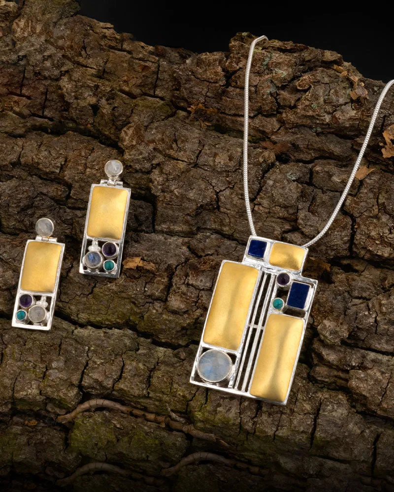 Art & Design Josef Hoffmann Vienna Earrings with Moonstone, Iolite & Turquoise