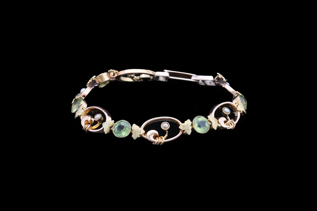 Art Nouveau 15ct Yellow Gold Peridot and Seed Pearl Decorative Bracelet
