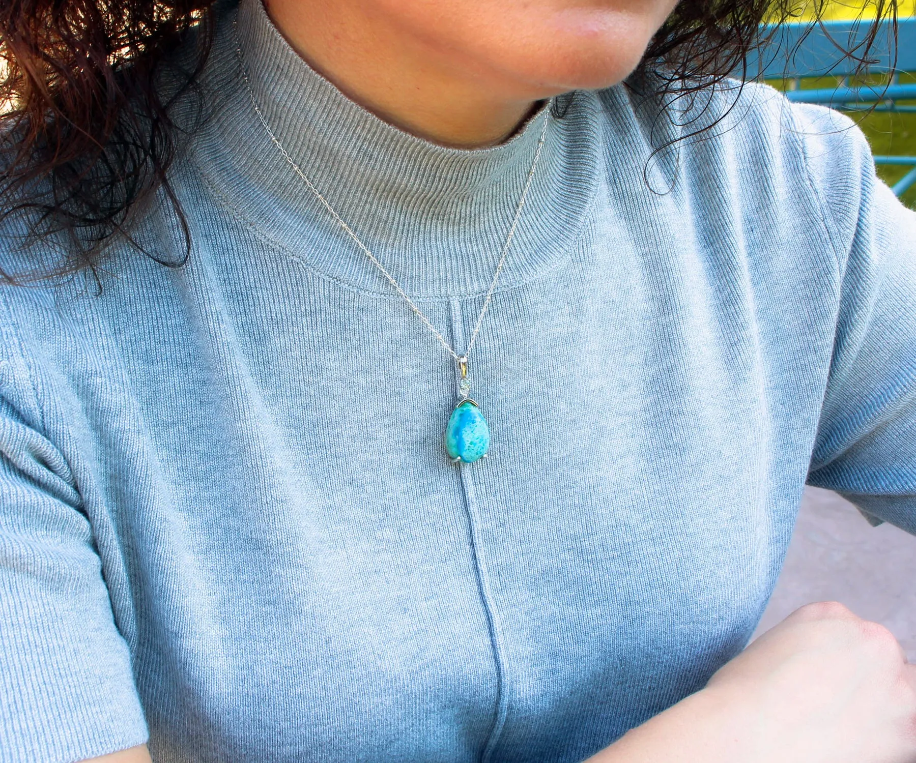 Beach Opal Petrified Wood Teardrop Necklace