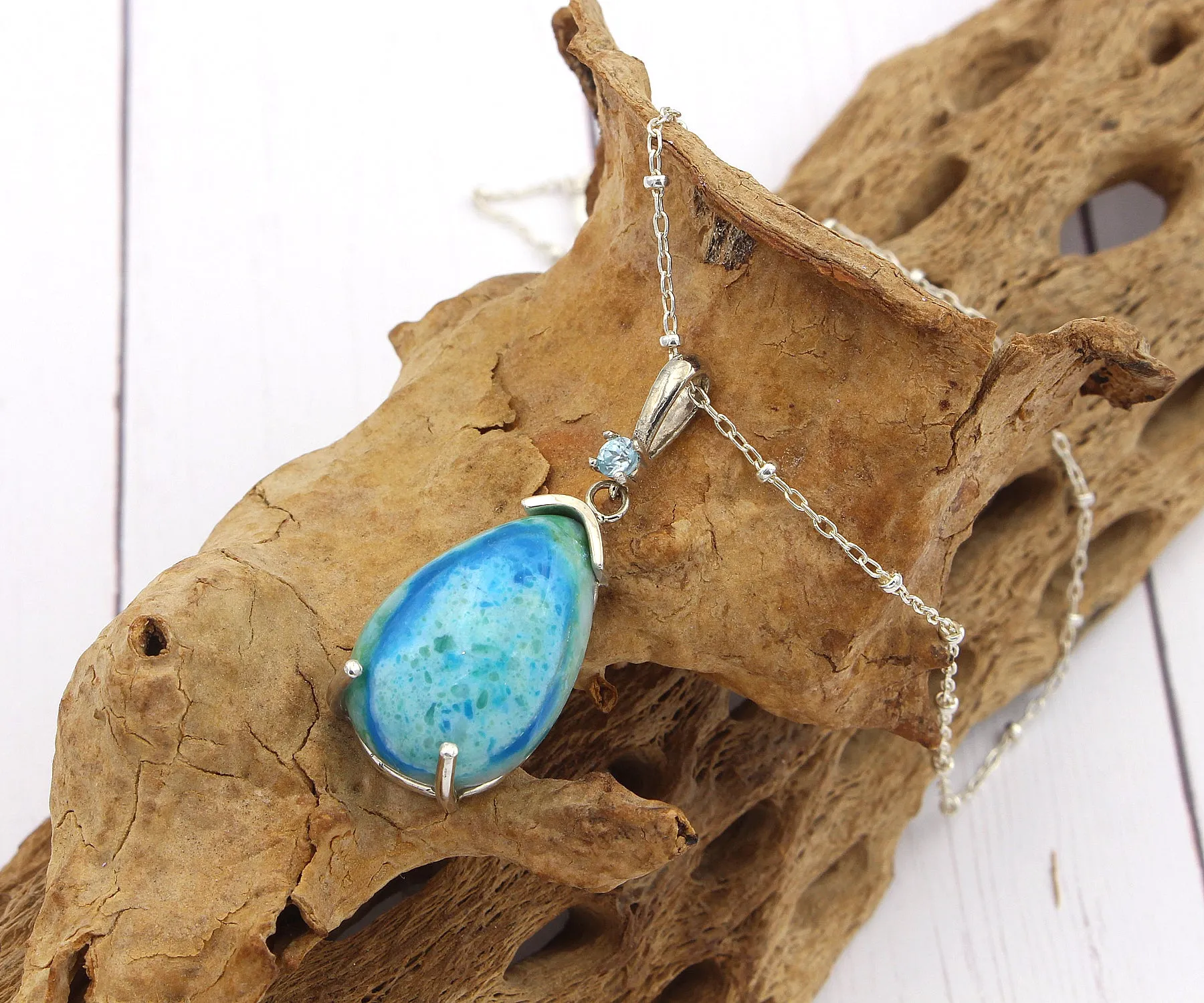 Beach Opal Petrified Wood Teardrop Necklace