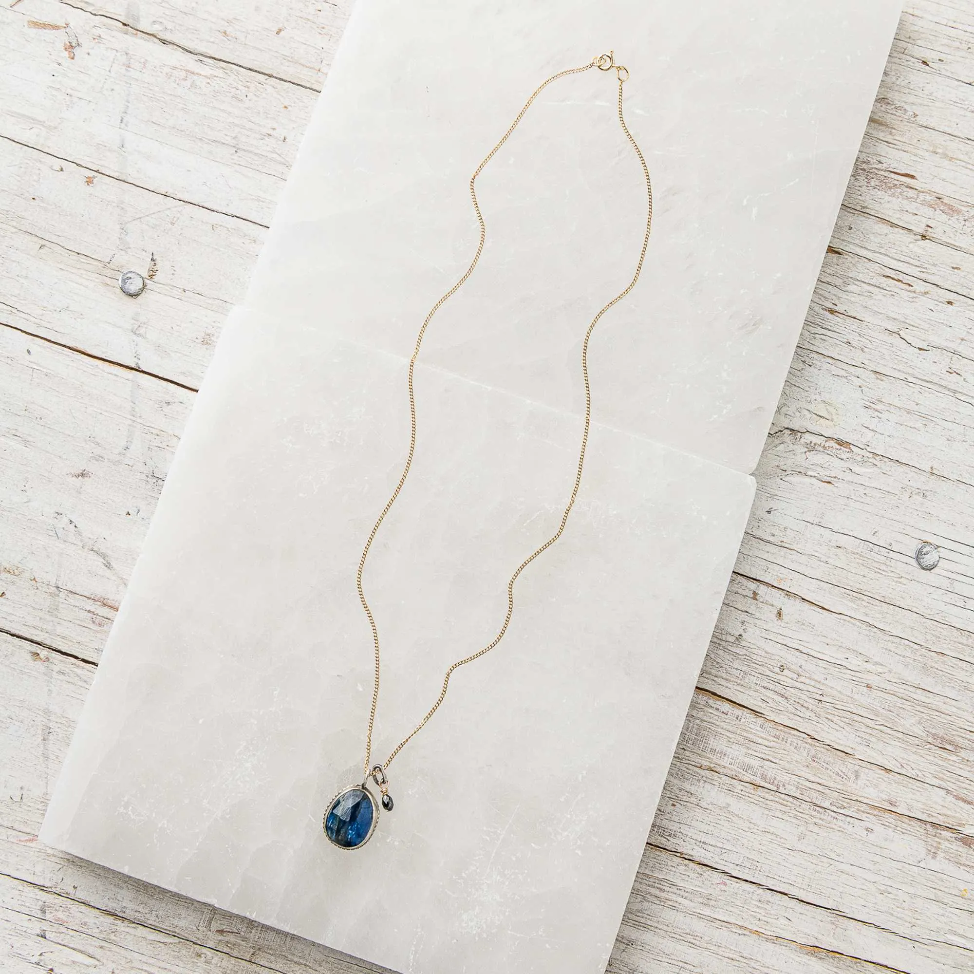 Blue Kyanite Drop Necklace with Black Diamond Charm
