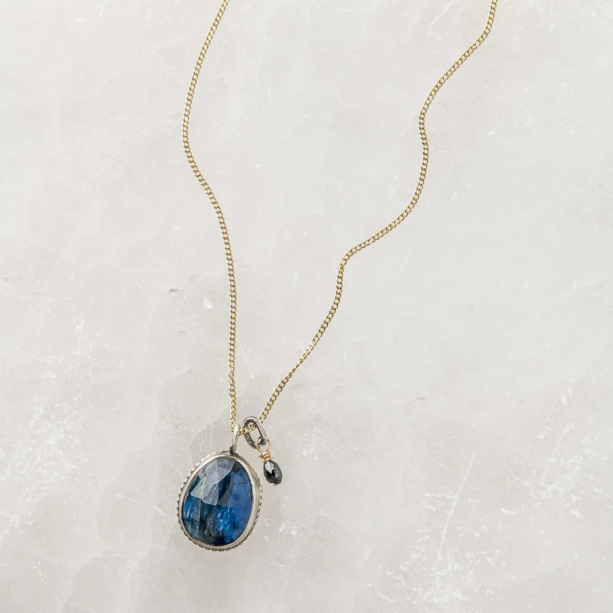 Blue Kyanite Drop Necklace with Black Diamond Charm