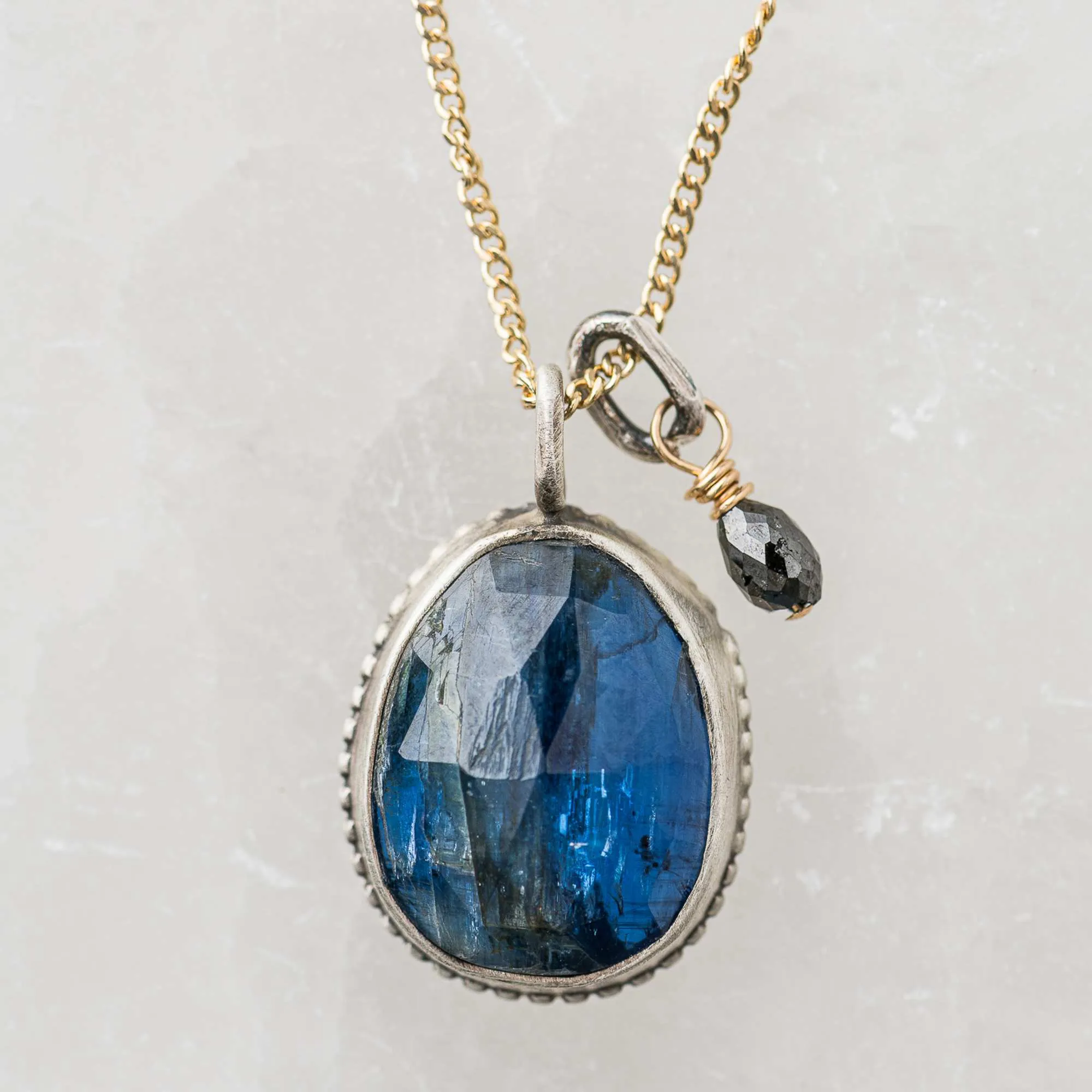 Blue Kyanite Drop Necklace with Black Diamond Charm