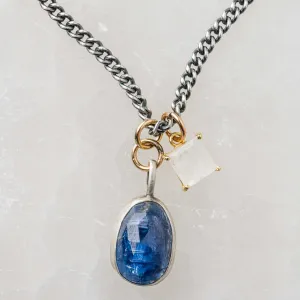 Blue Kyanite Drop Necklace with Moonstone Charm