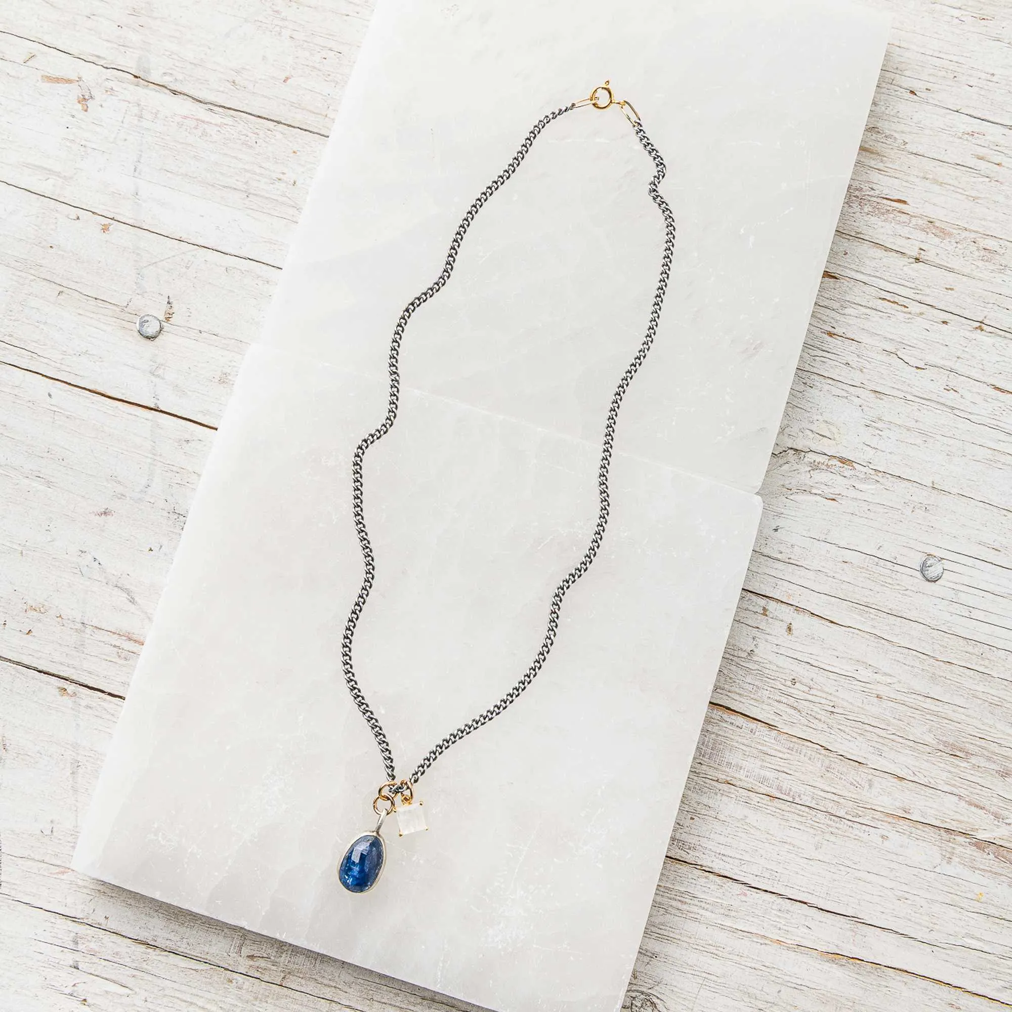 Blue Kyanite Drop Necklace with Moonstone Charm