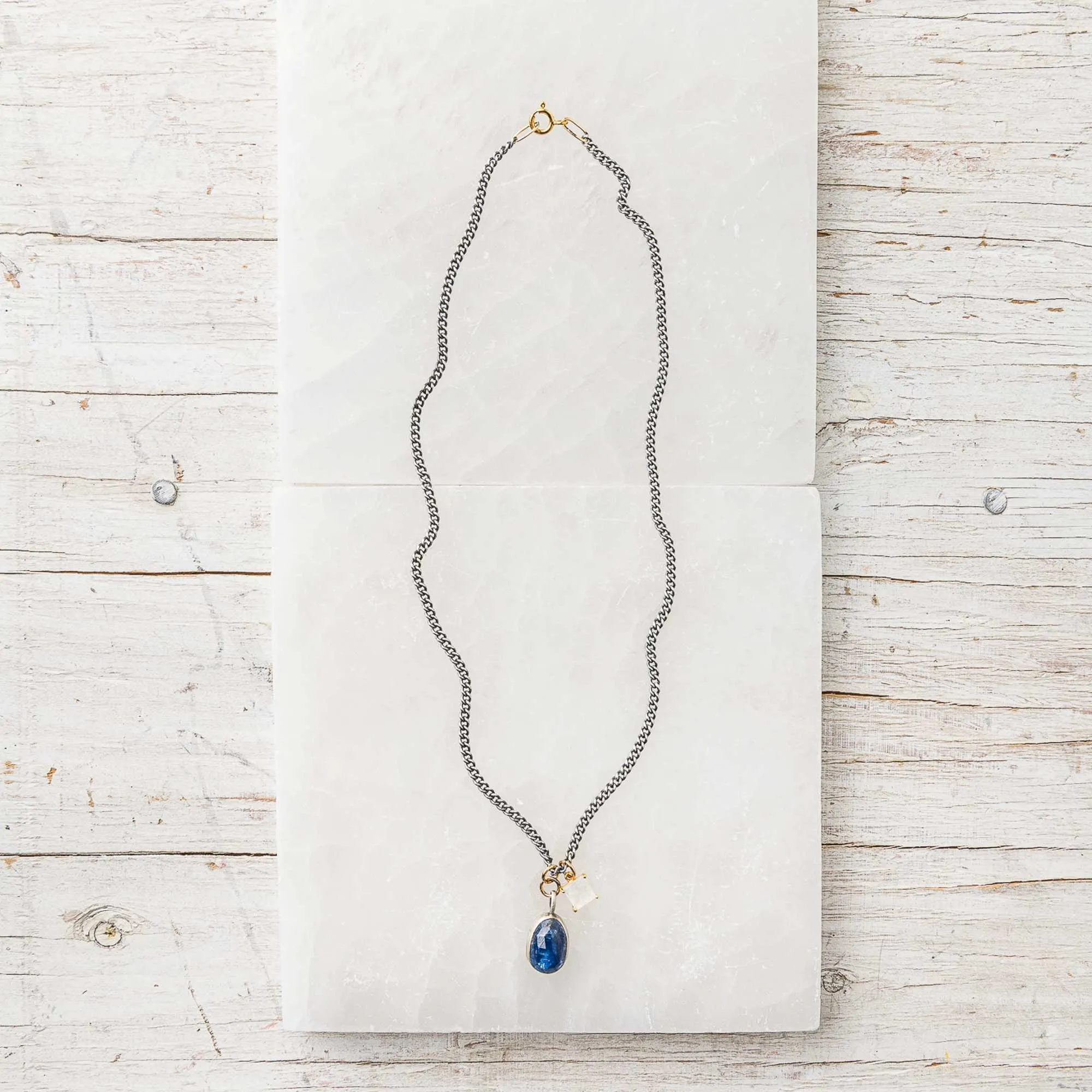 Blue Kyanite Drop Necklace with Moonstone Charm