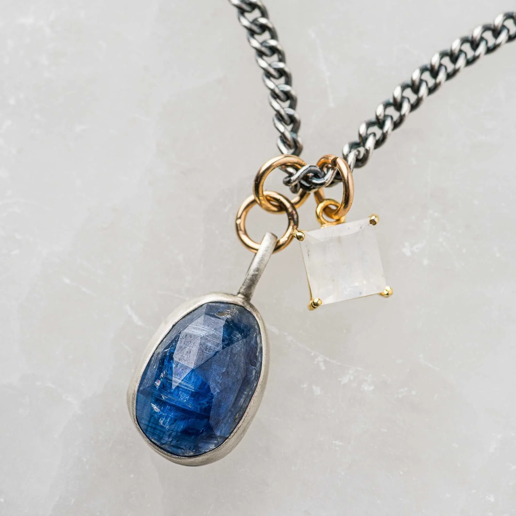 Blue Kyanite Drop Necklace with Moonstone Charm