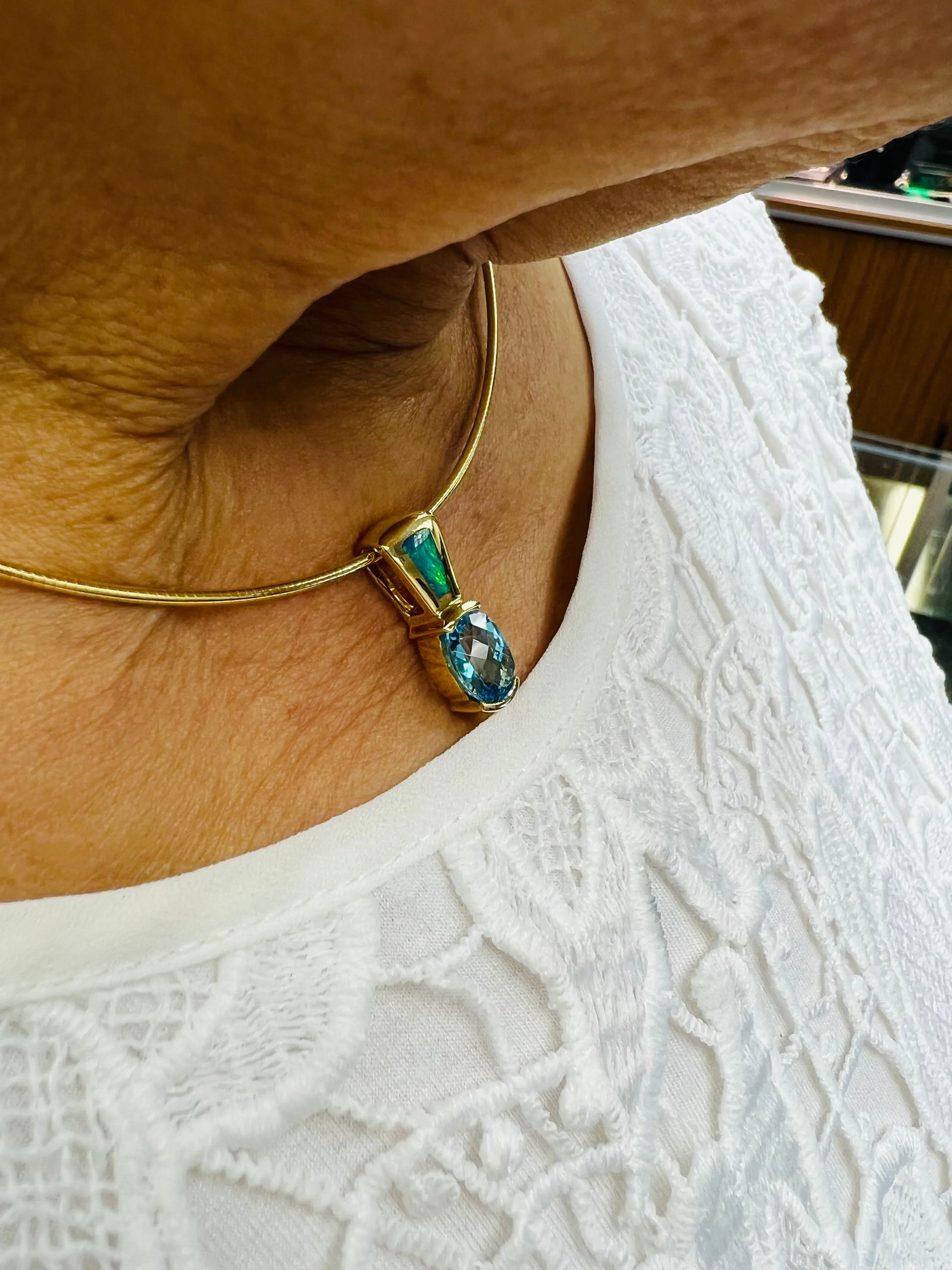 Blue Topaz Opal Yellow Gold Slide Pendant Necklace
