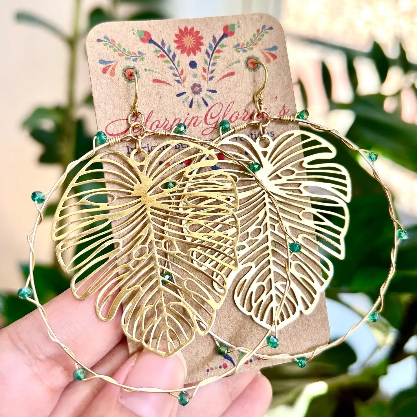Brass Monstera Hoop Earrings