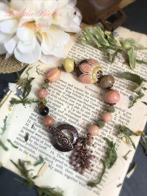 Ceramic beads, pink opal stone, green tourmaline, copper metal bracelet