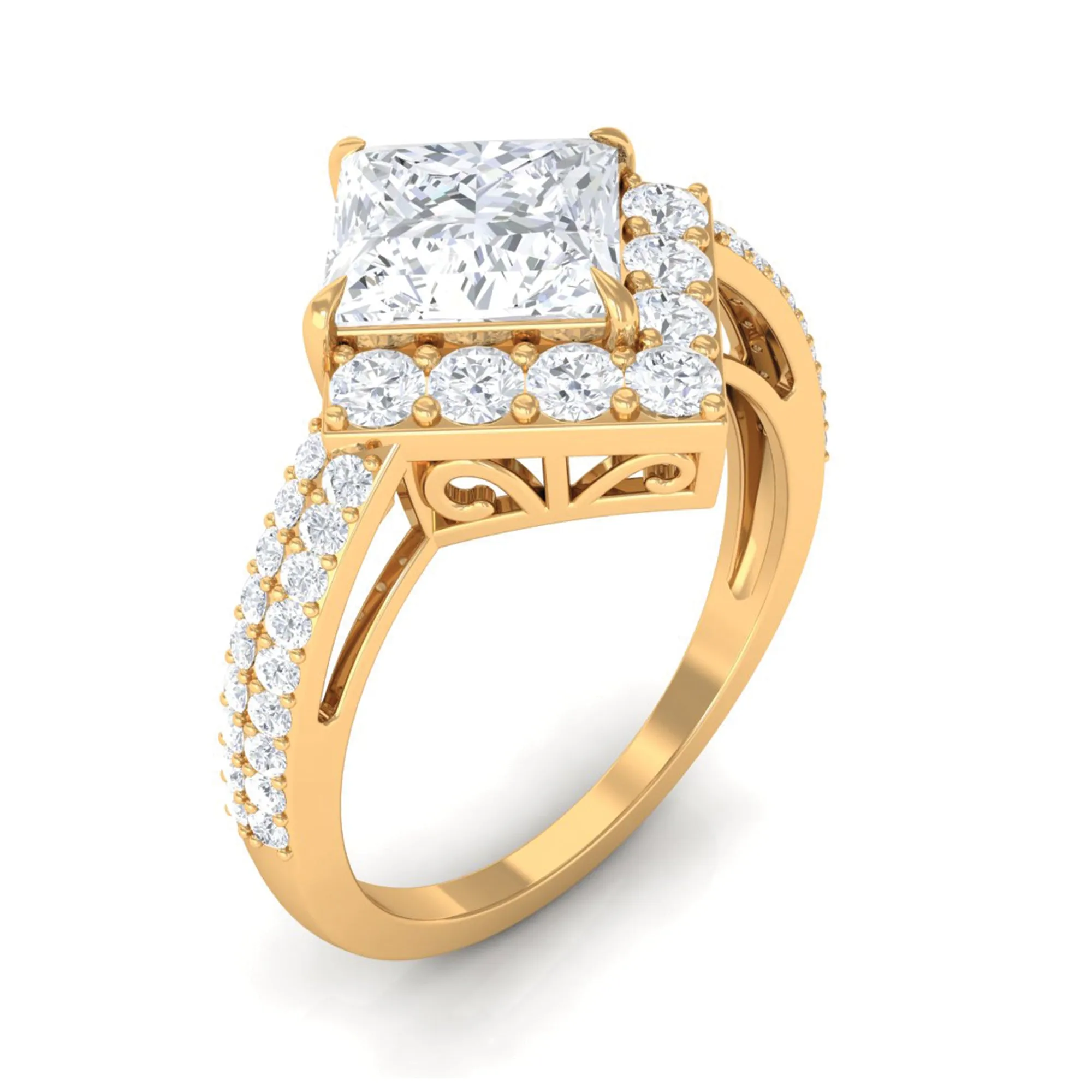 Classic Princess Cut Zircon Engagement Ring with Side Stones