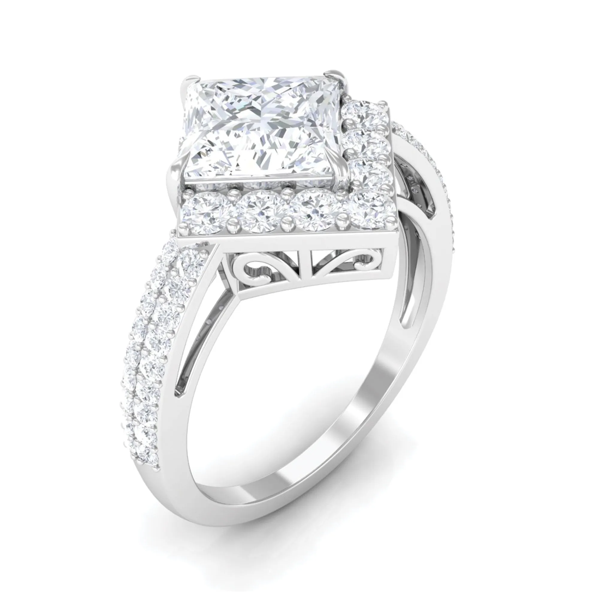 Classic Princess Cut Zircon Engagement Ring with Side Stones