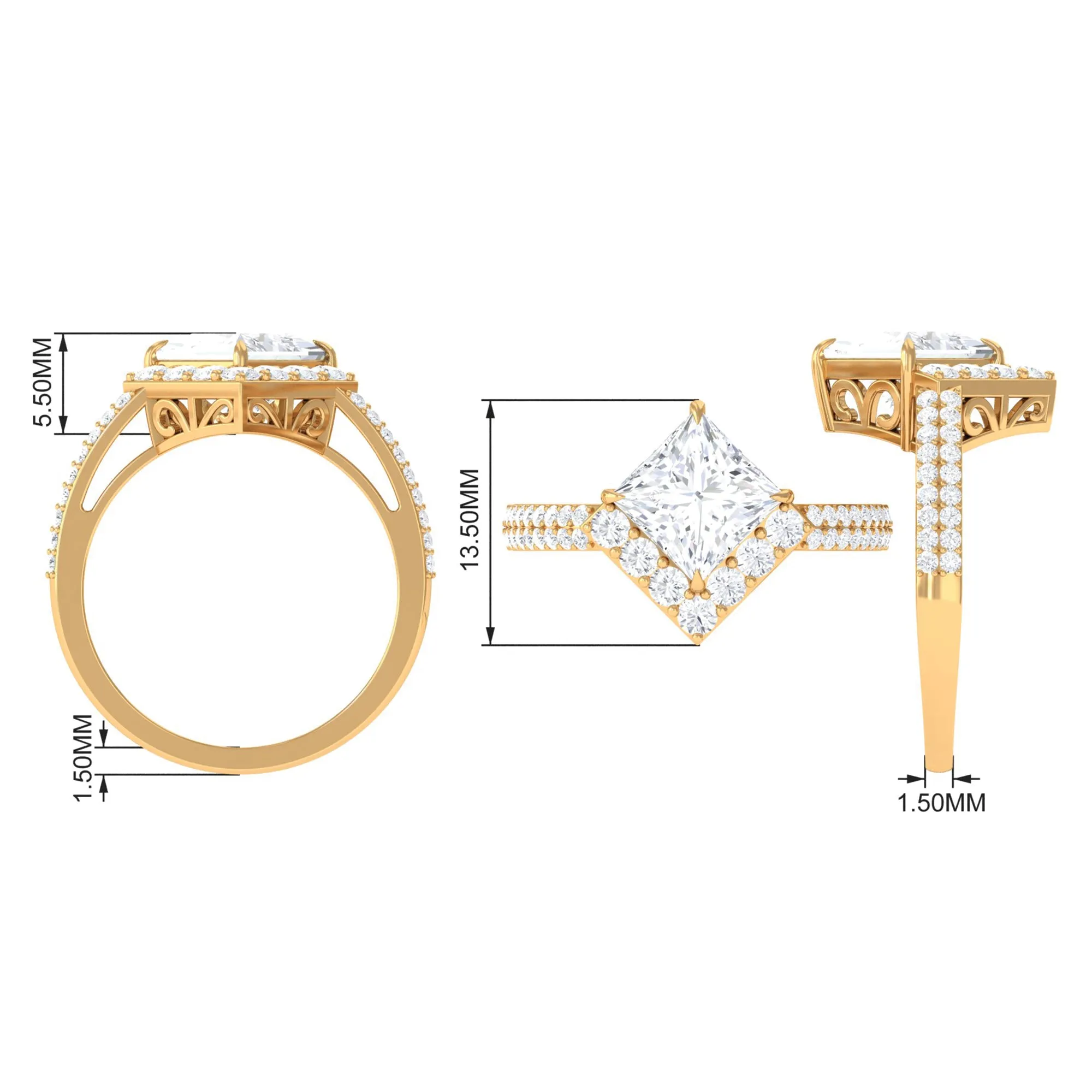 Classic Princess Cut Zircon Engagement Ring with Side Stones