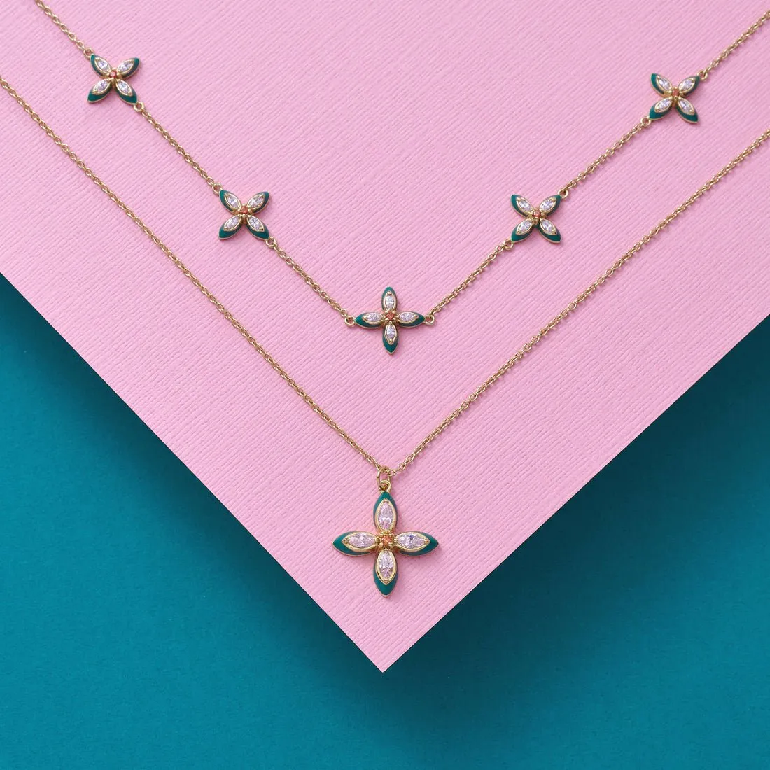 Clover Emerald Enamel and Blush CZ Choker Necklace Gold