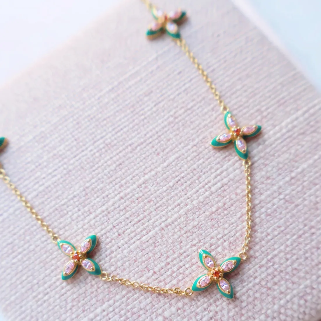 Clover Emerald Enamel and Blush CZ Choker Necklace Gold