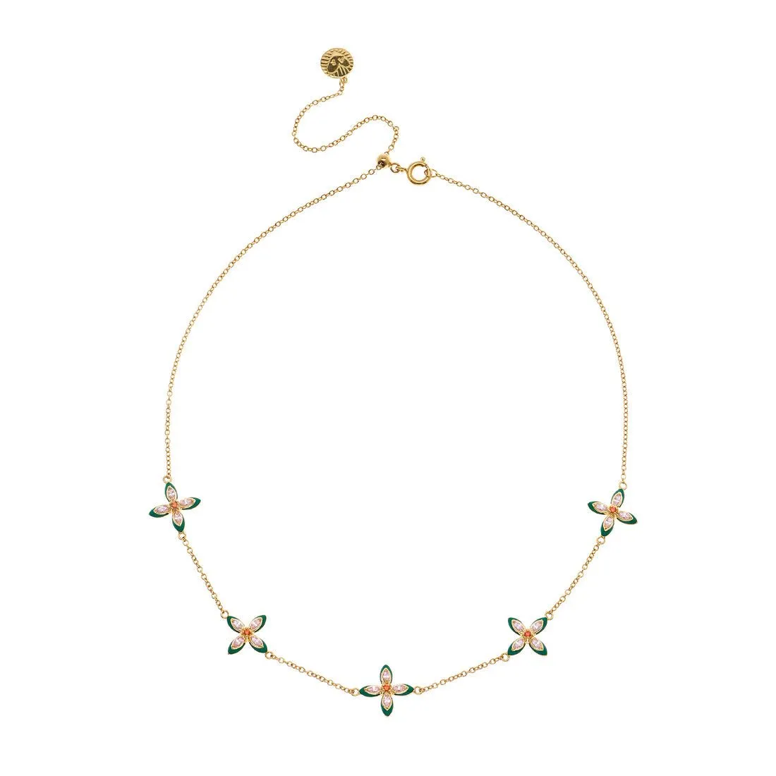 Clover Emerald Enamel and Blush CZ Choker Necklace Gold