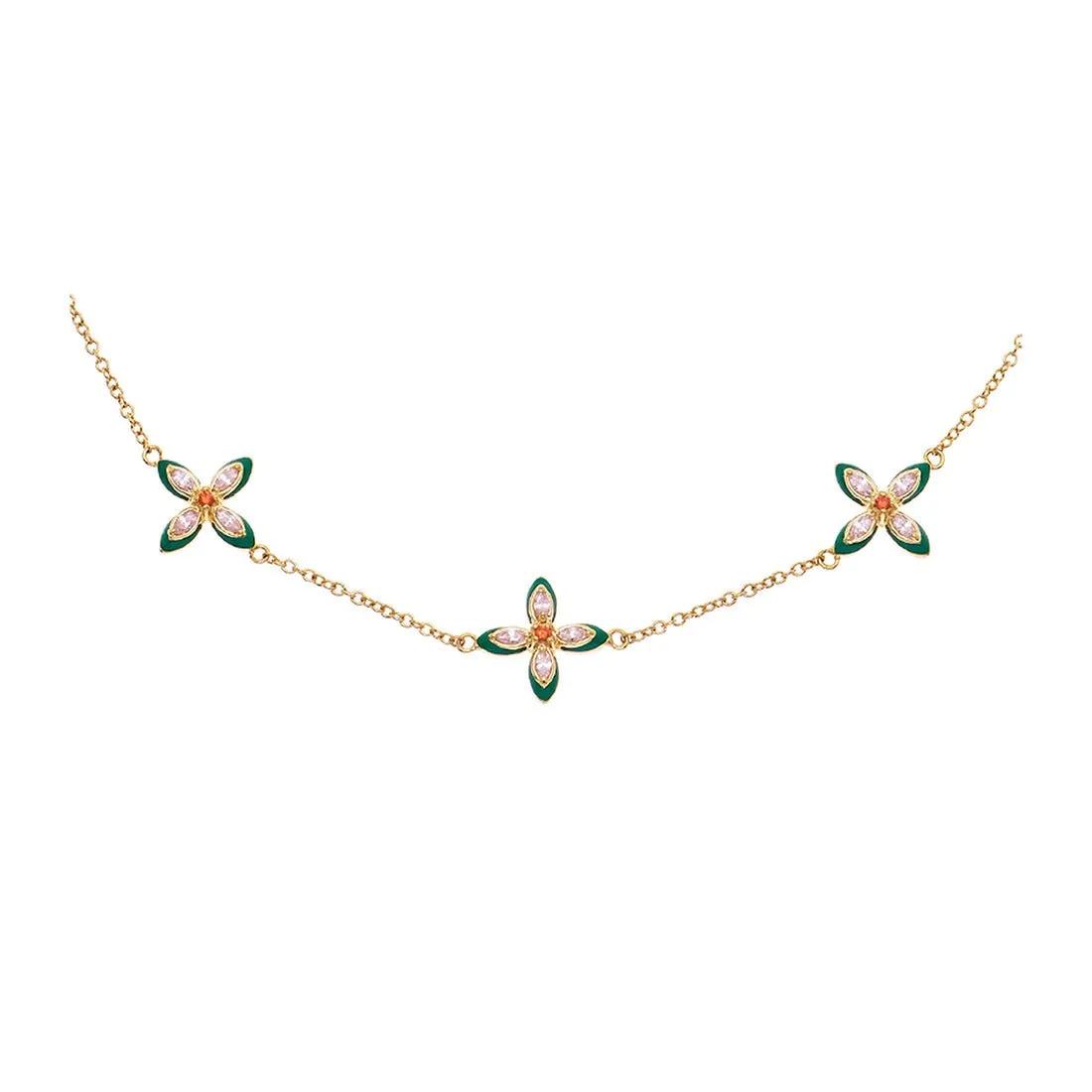 Clover Emerald Enamel and Blush CZ Choker Necklace Gold