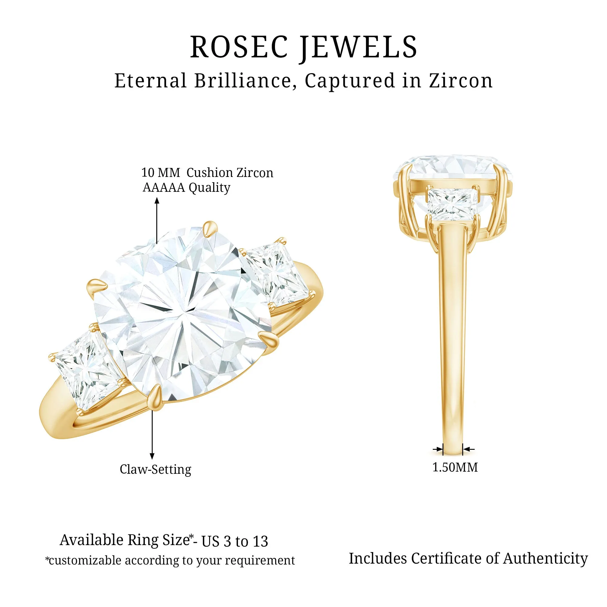 Cushion Cut Zircon Solitaire Engagement Ring with Side Stones