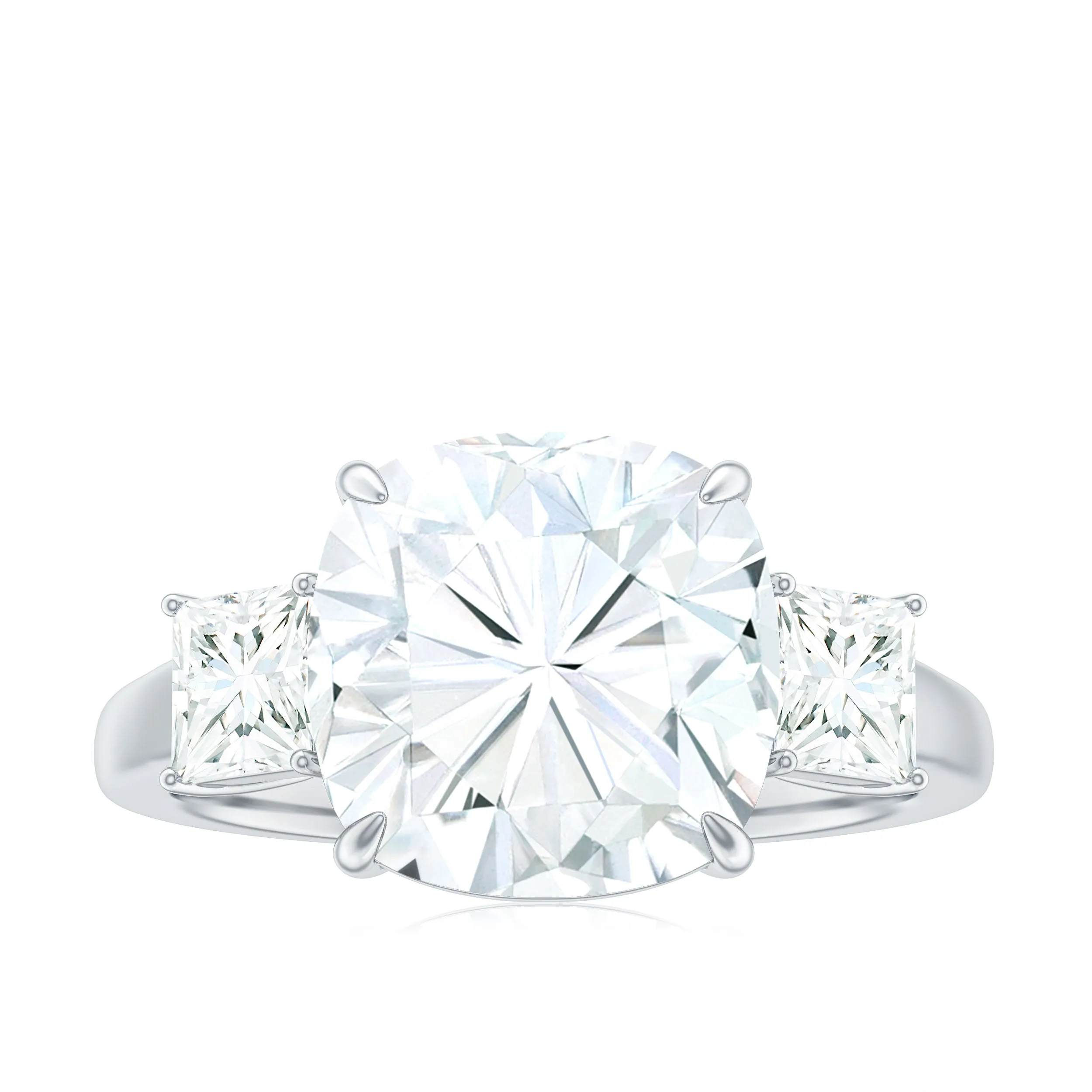 Cushion Cut Zircon Solitaire Engagement Ring with Side Stones