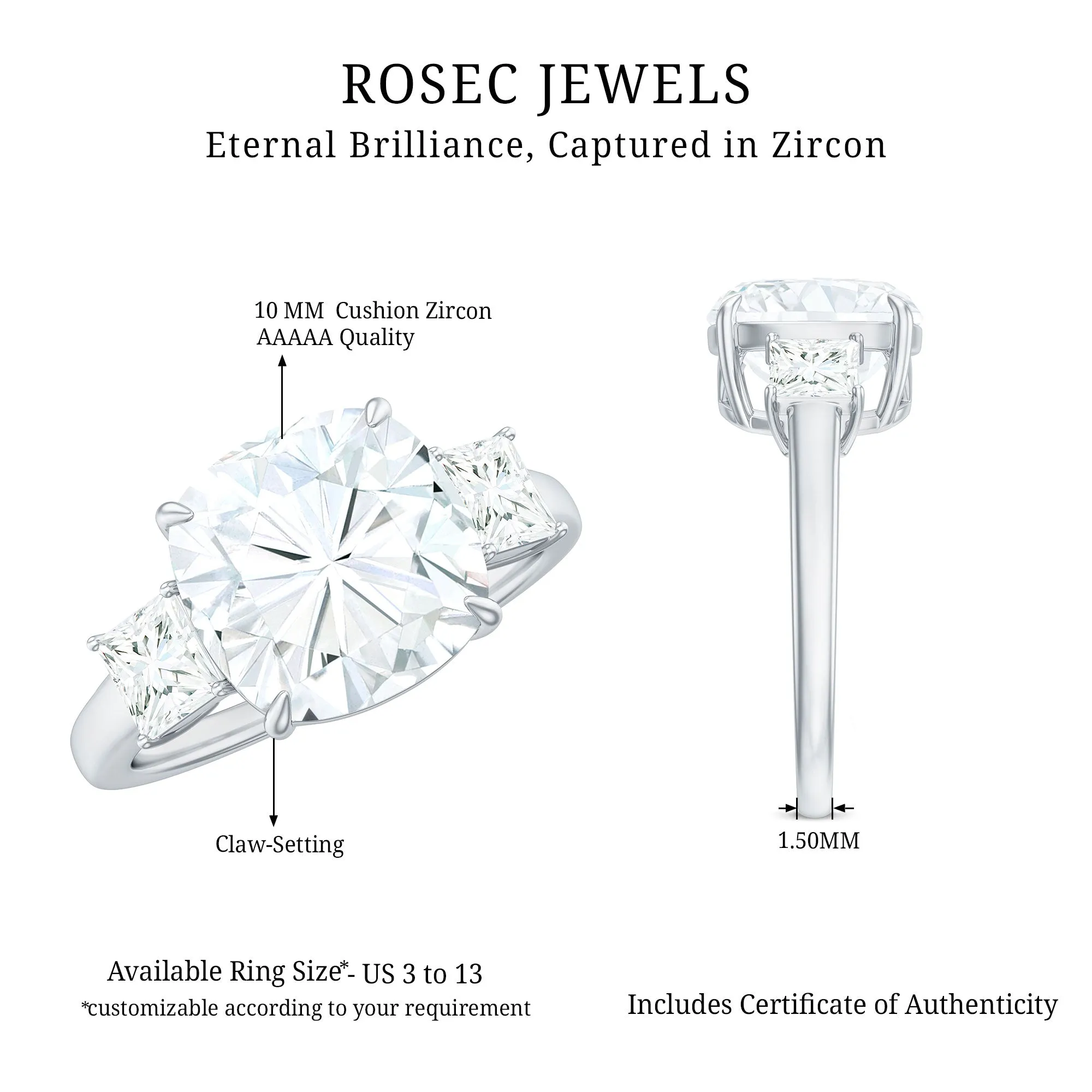 Cushion Cut Zircon Solitaire Engagement Ring with Side Stones
