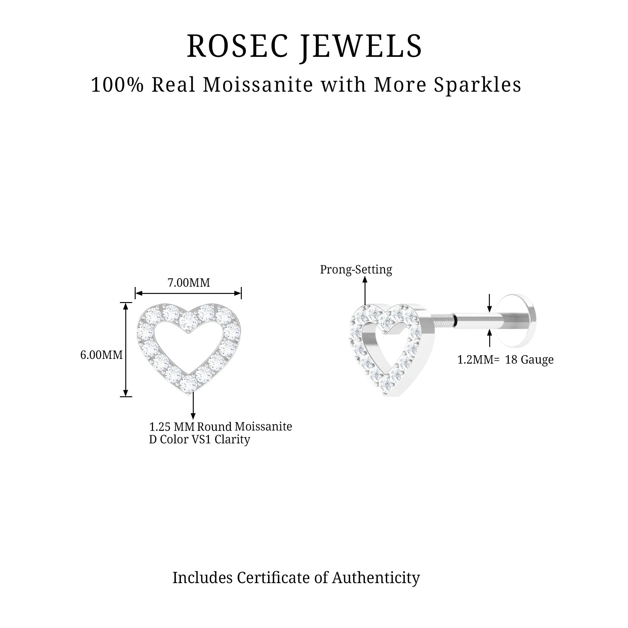 Cute Moissanite Open Heart Earring for Helix Piercing