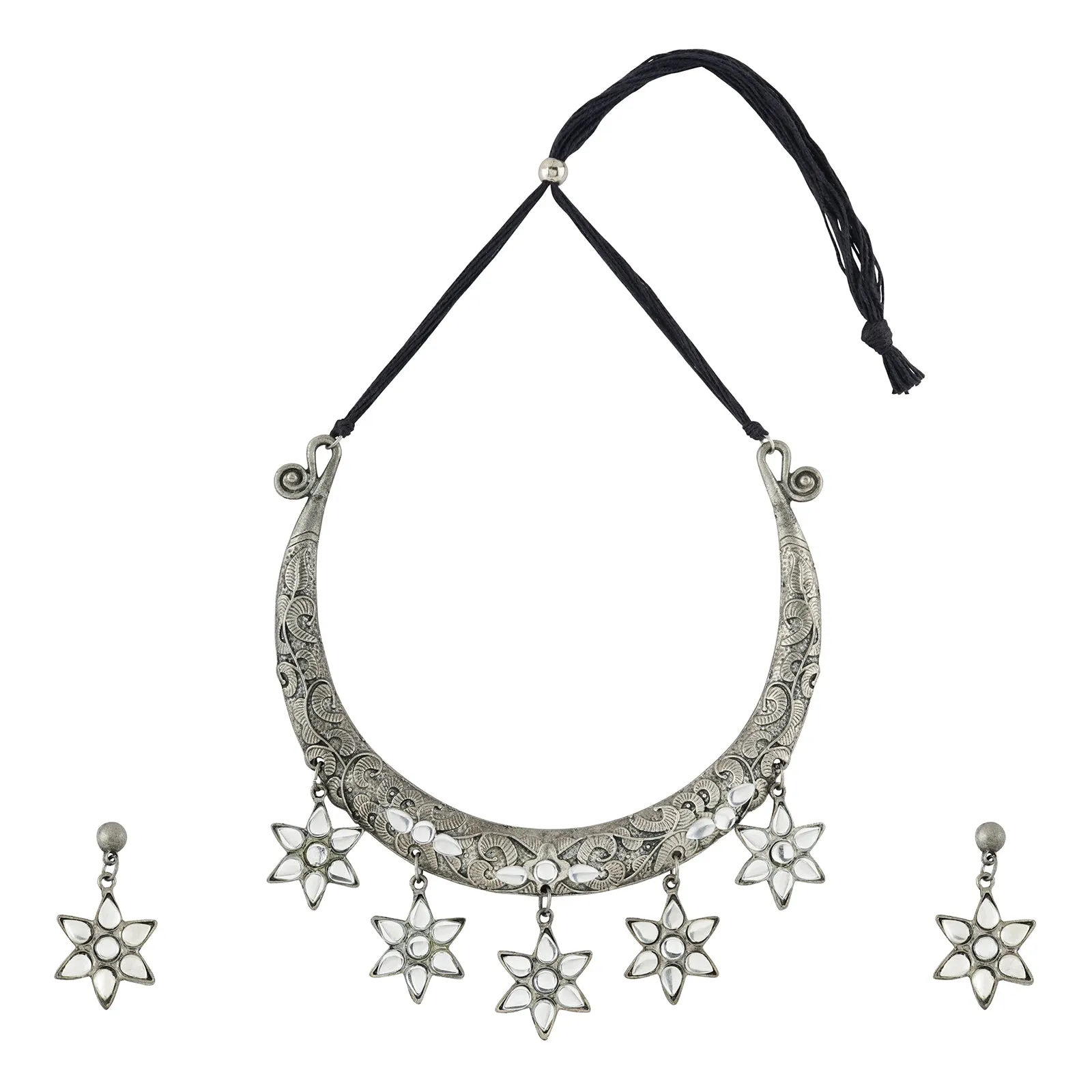 Dravya Silver Oxidised White stone  Necklace Set