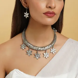 Dravya Silver Oxidised White stone  Necklace Set