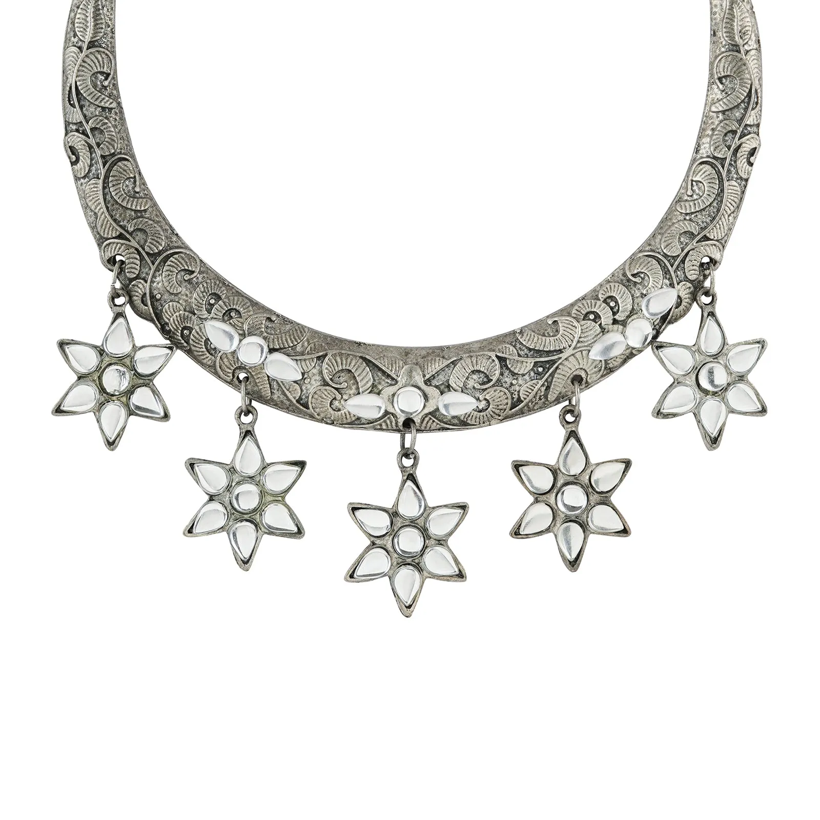 Dravya Silver Oxidised White stone  Necklace Set