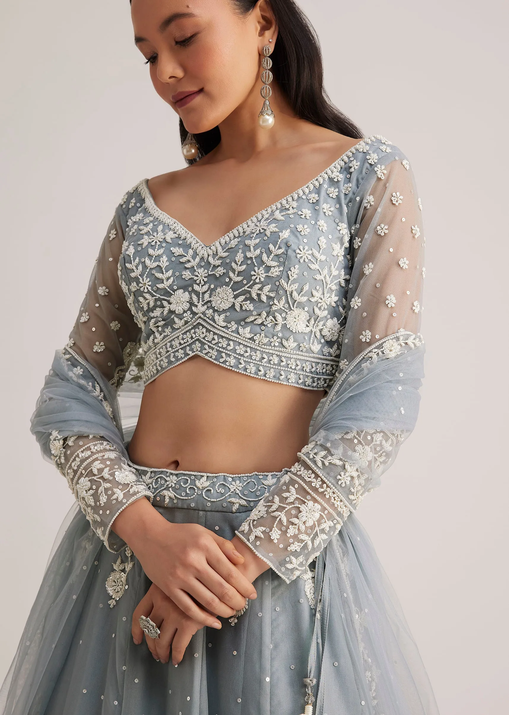 Dusty Blue Embroidered Lehenga Set With Sheer Dupatta