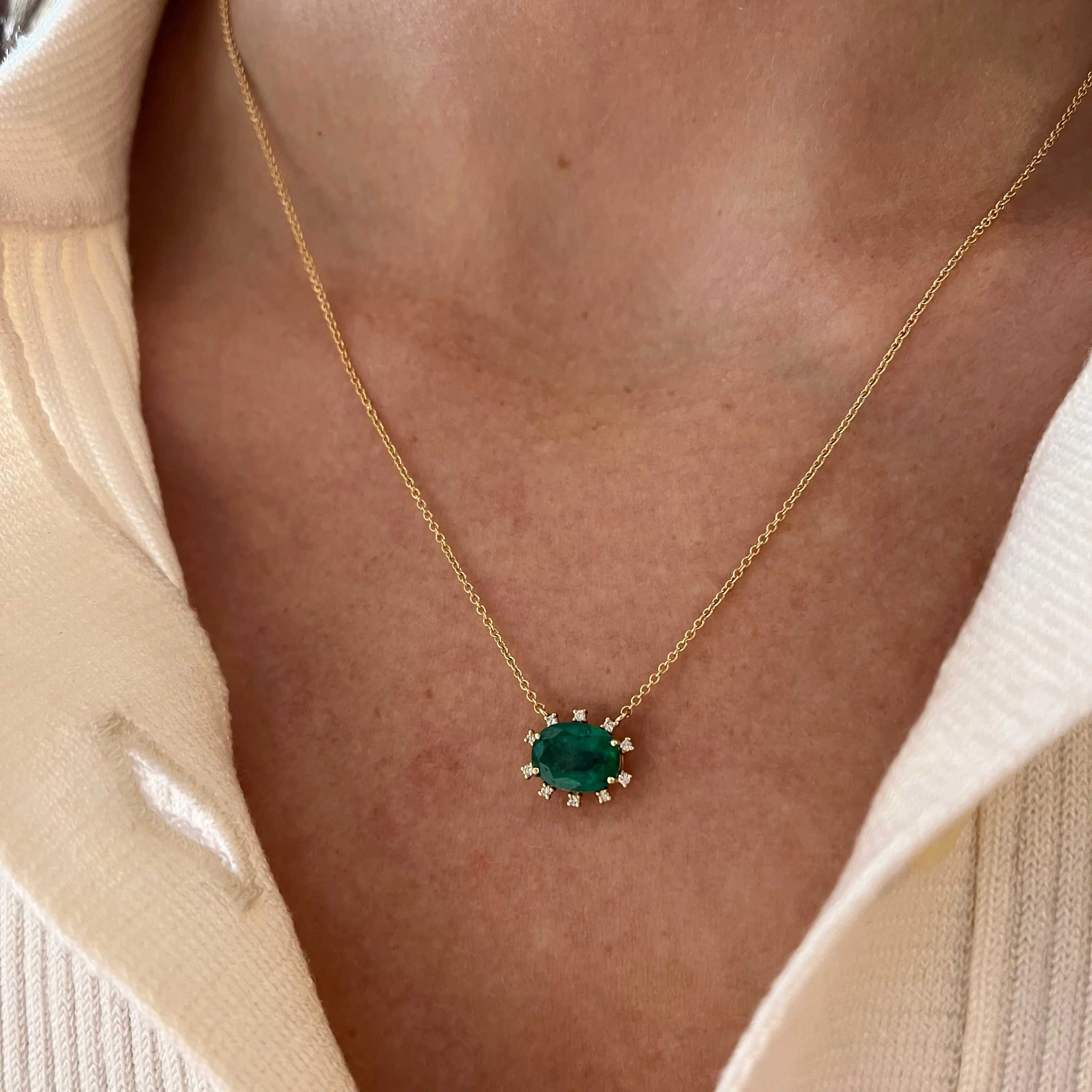 Emerald & Diamond Halo Necklace