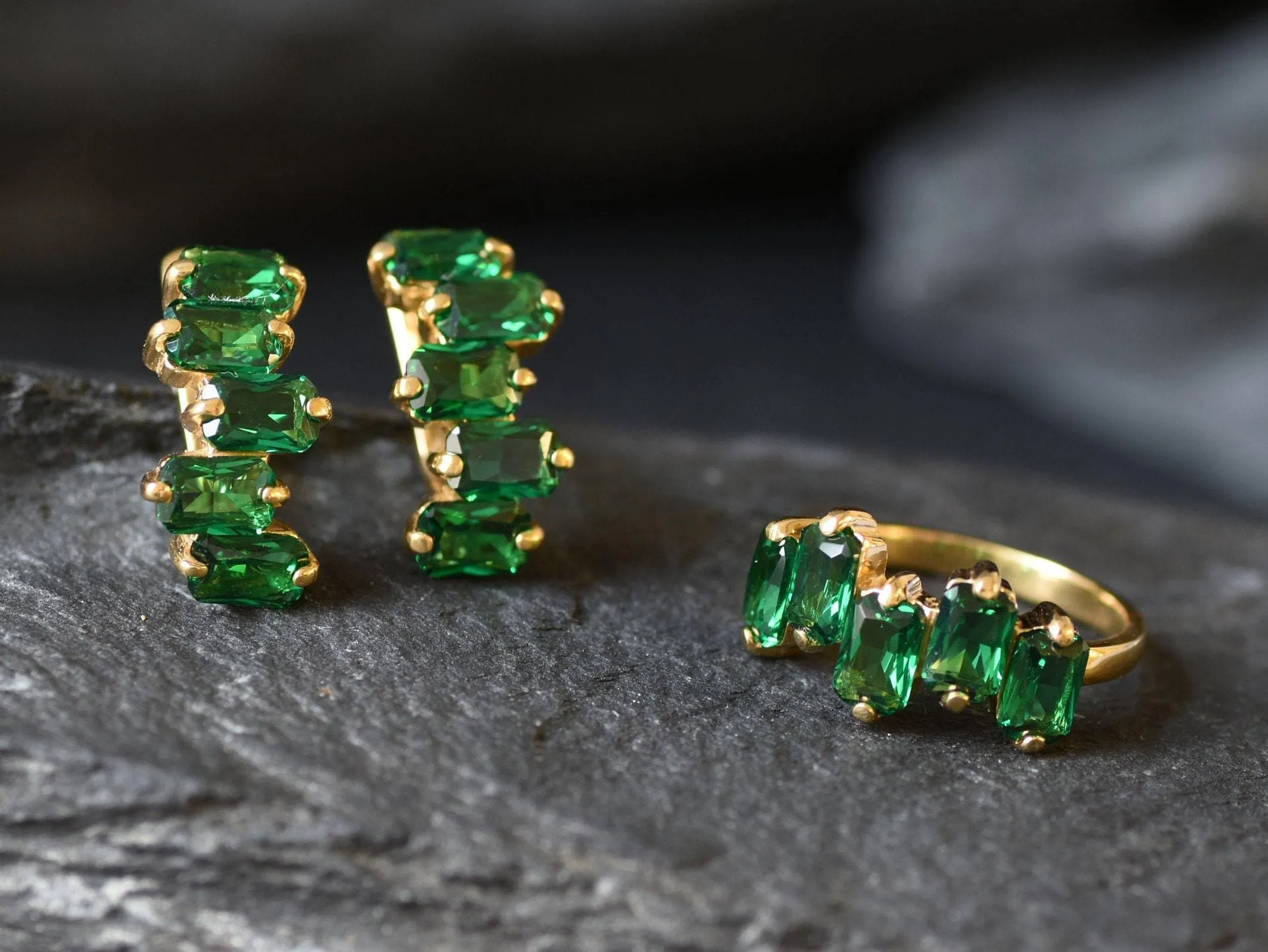 Emerald Baguette Ring - Gold Emerald Ring - Half Eternity Gold Band