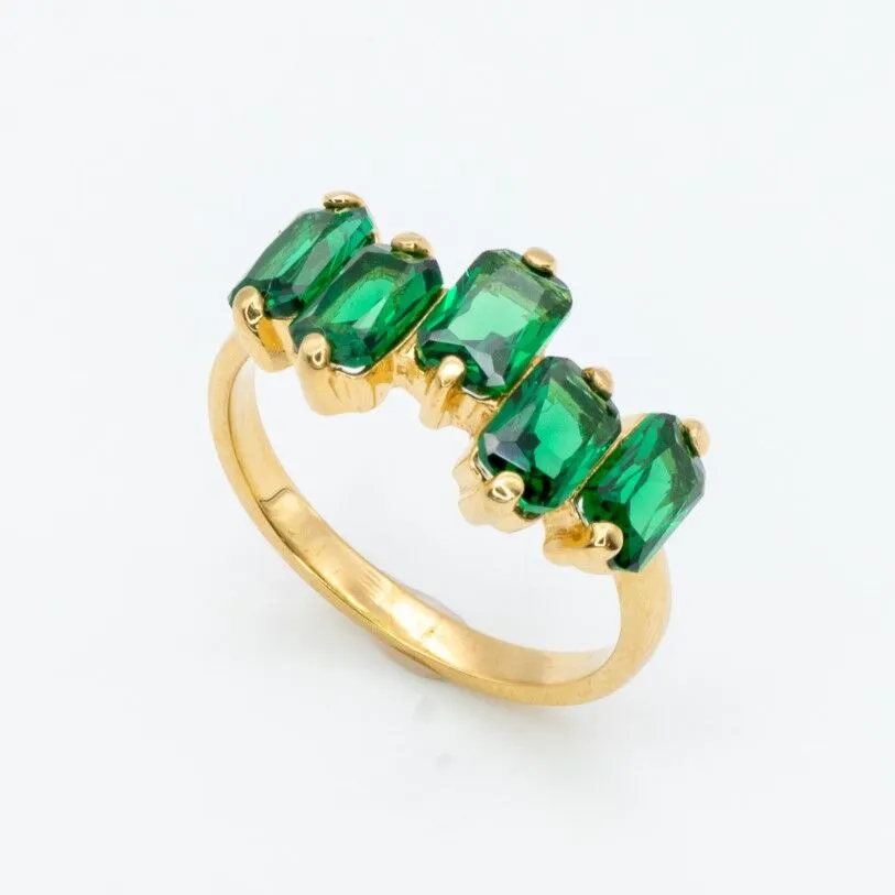 Emerald Baguette Ring - Gold Emerald Ring - Half Eternity Gold Band