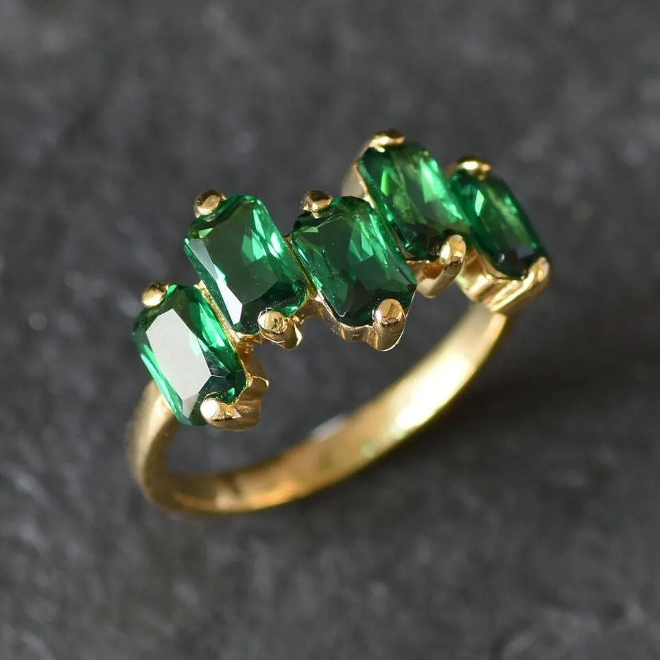 Emerald Baguette Ring - Gold Emerald Ring - Half Eternity Gold Band