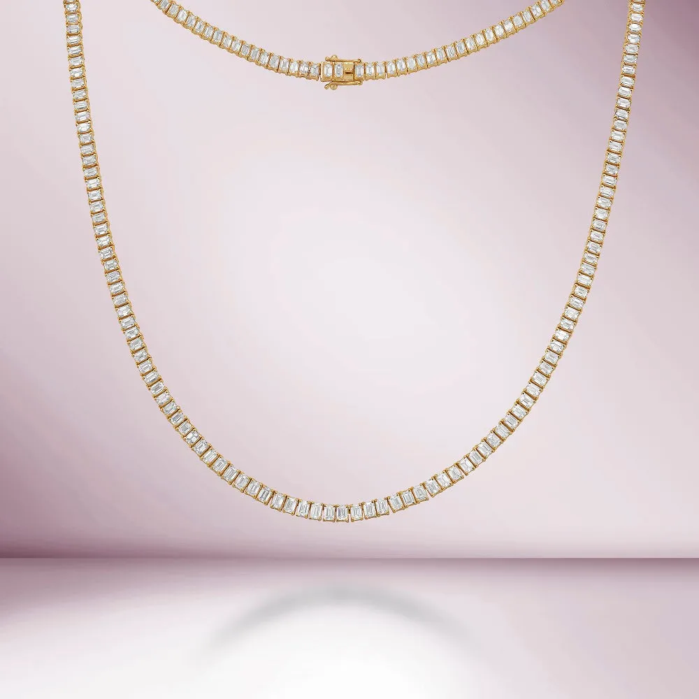 Emerald Cut Diamond Tennis Necklace (13.50 ct.) 4-Prongs Setting in 14K Gold