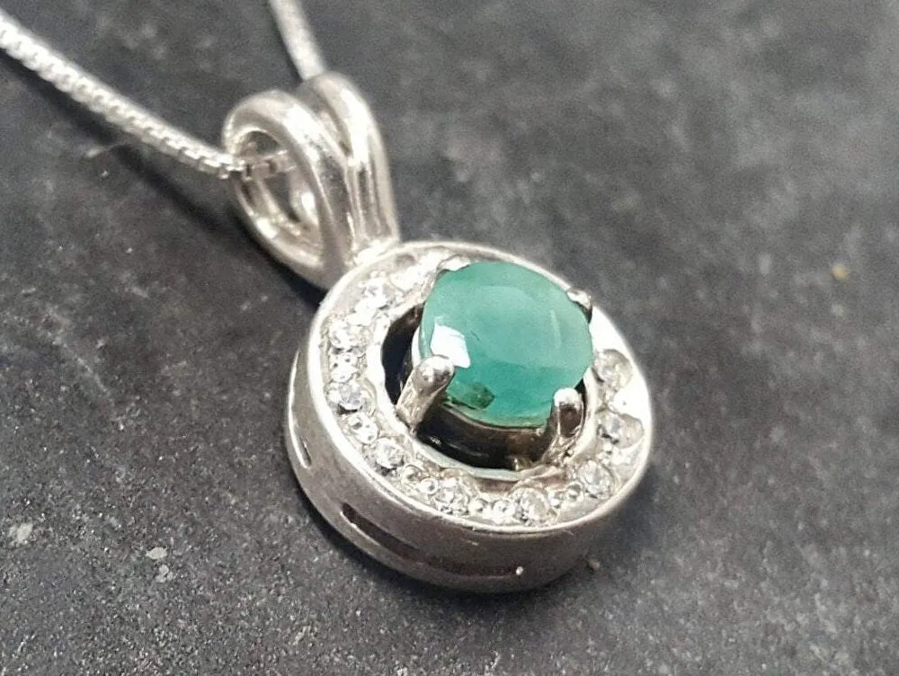 Emerald Silver Necklace - Green Halo Pendant - May Birthstone Necklace