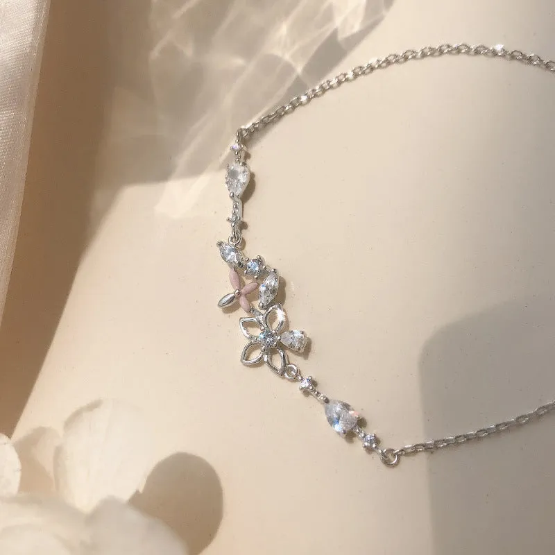 Fashion Korean 925 Sterling Silver Link Chain Crystal Flower Charm Bracelet &Bangle For Women Wedding Jewelry SL113