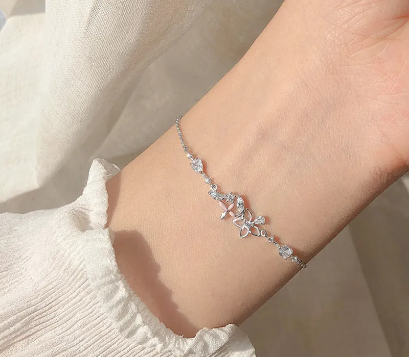 Fashion Korean 925 Sterling Silver Link Chain Crystal Flower Charm Bracelet &Bangle For Women Wedding Jewelry SL113