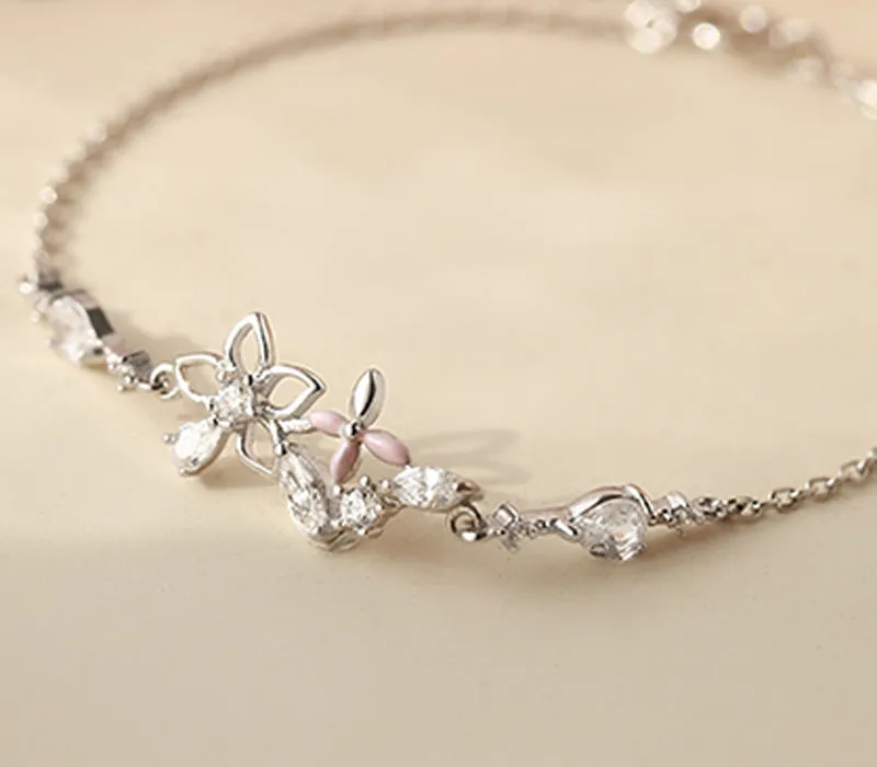Fashion Korean 925 Sterling Silver Link Chain Crystal Flower Charm Bracelet &Bangle For Women Wedding Jewelry SL113